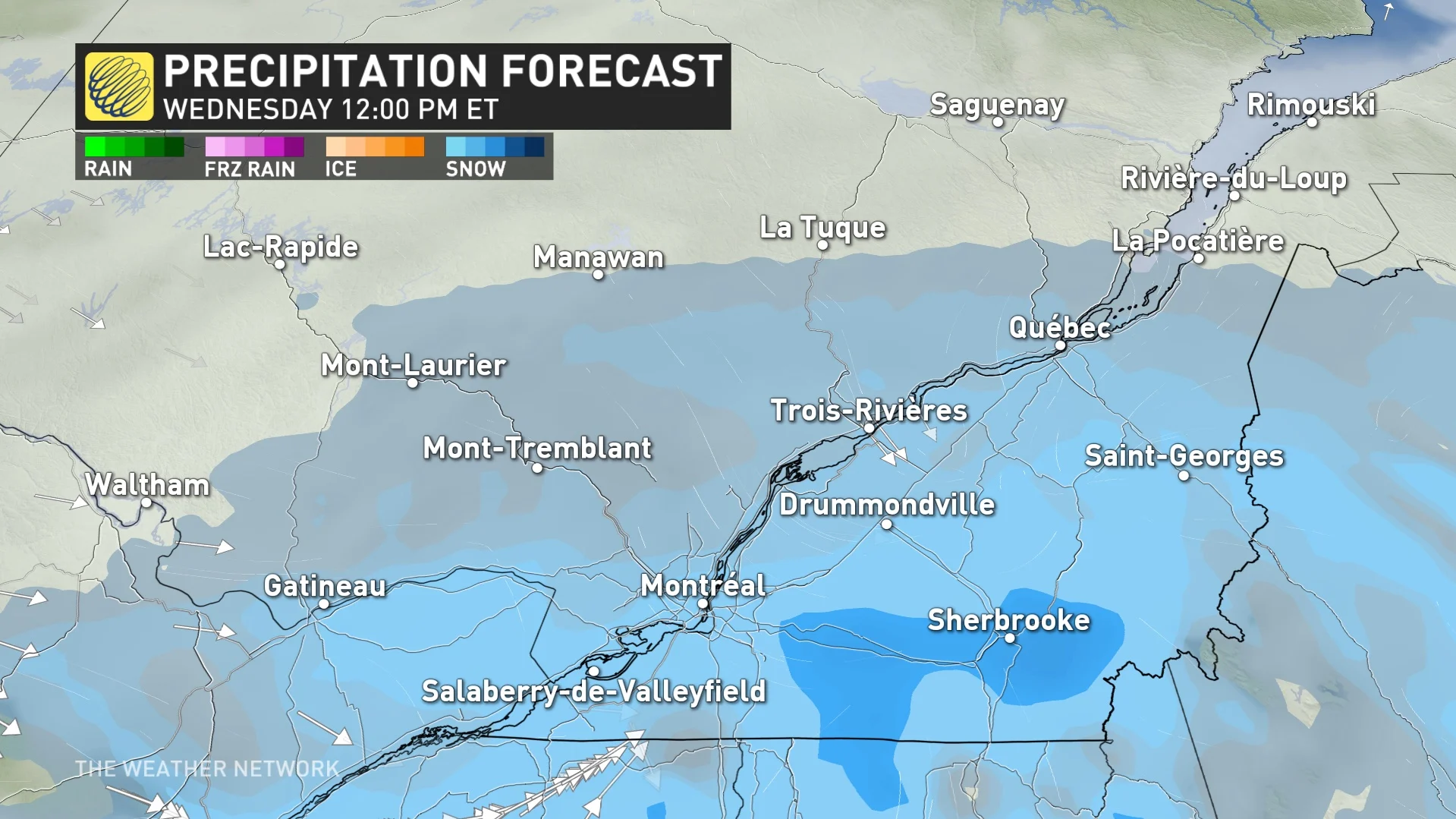 Wednesday 12 pm precipitation timing Quebec