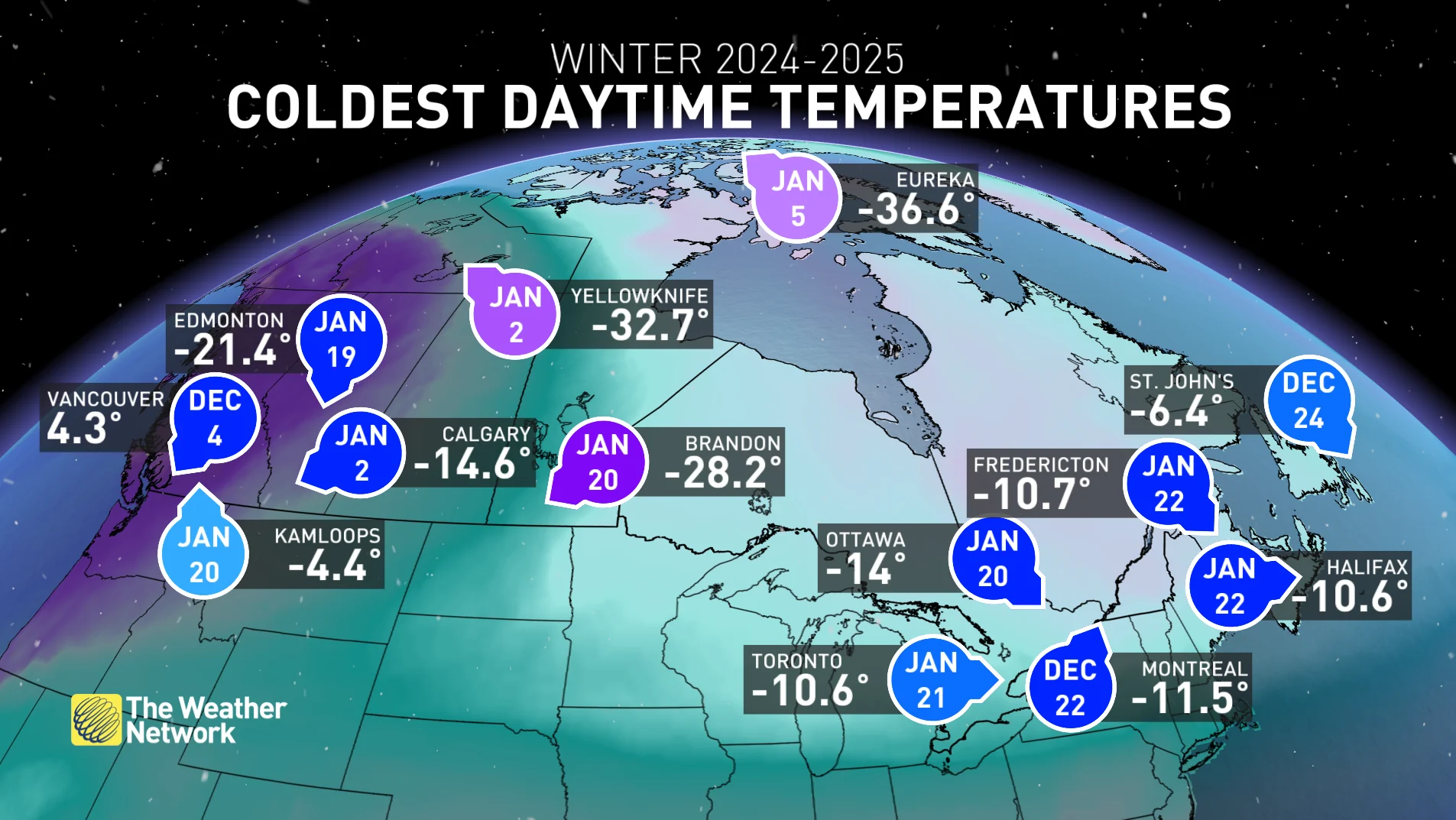 Coldest daytime high temperatures winter 2024-25 (Jan. 26)