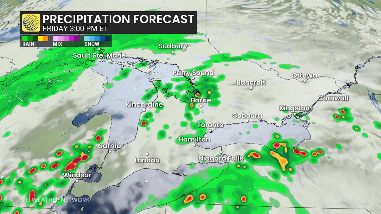 Ontario Friday afternoon forecast radar precipitation - April 25, 2025