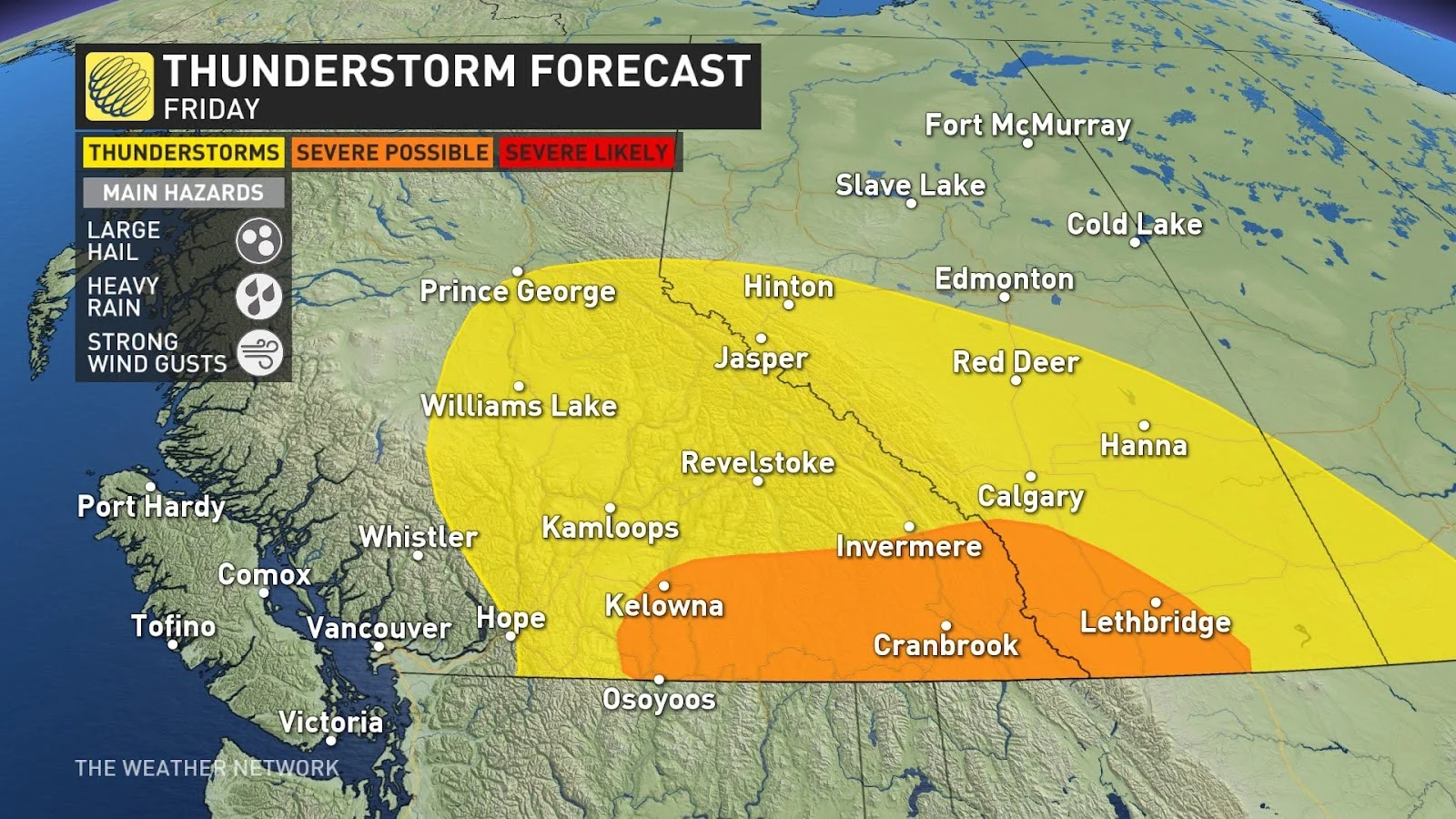 BC AB Friday thunderstorm risk map Aug 16 2024