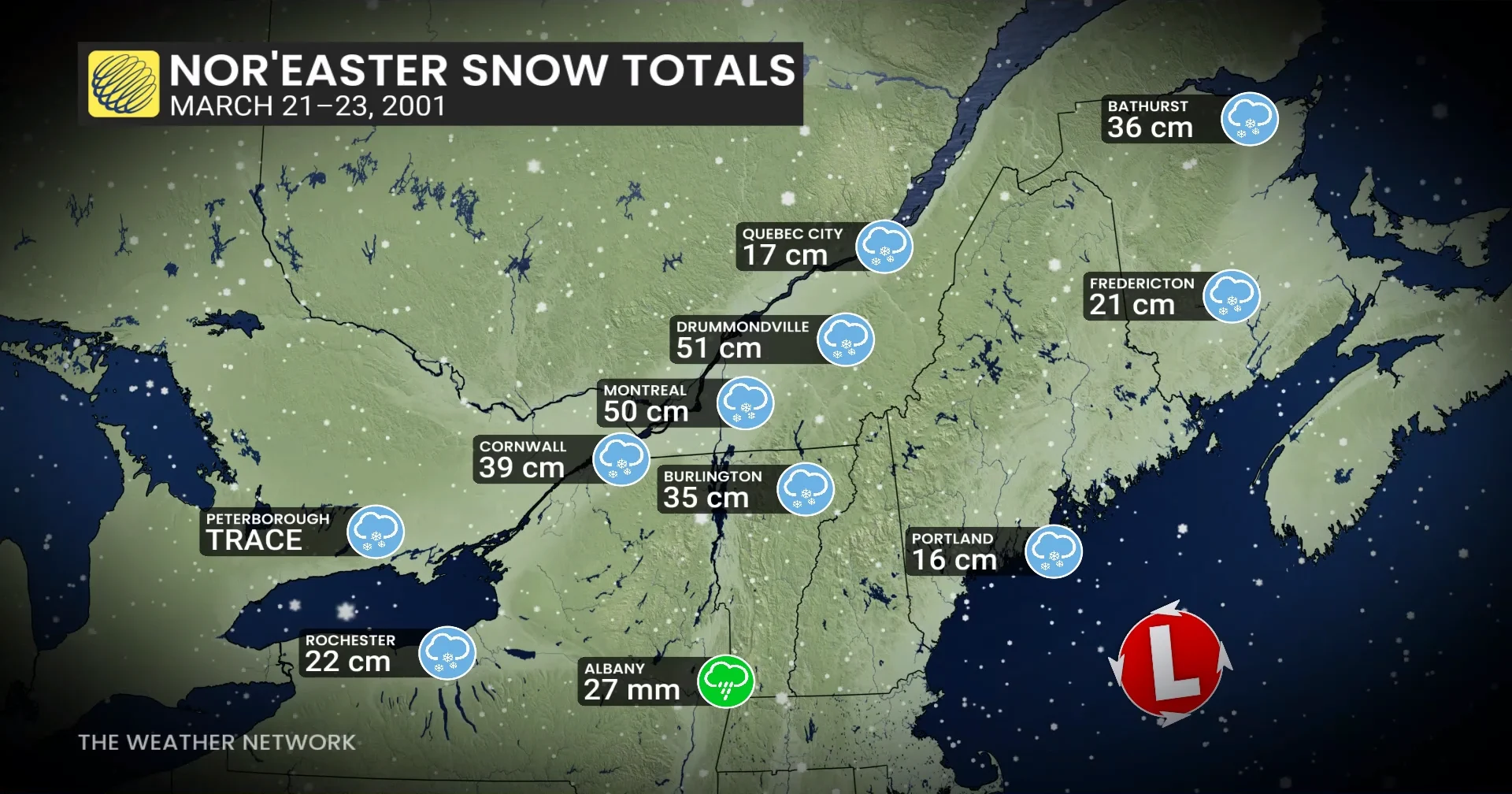 MARCH 2001 NOR-EASTER SNOW TOTALS