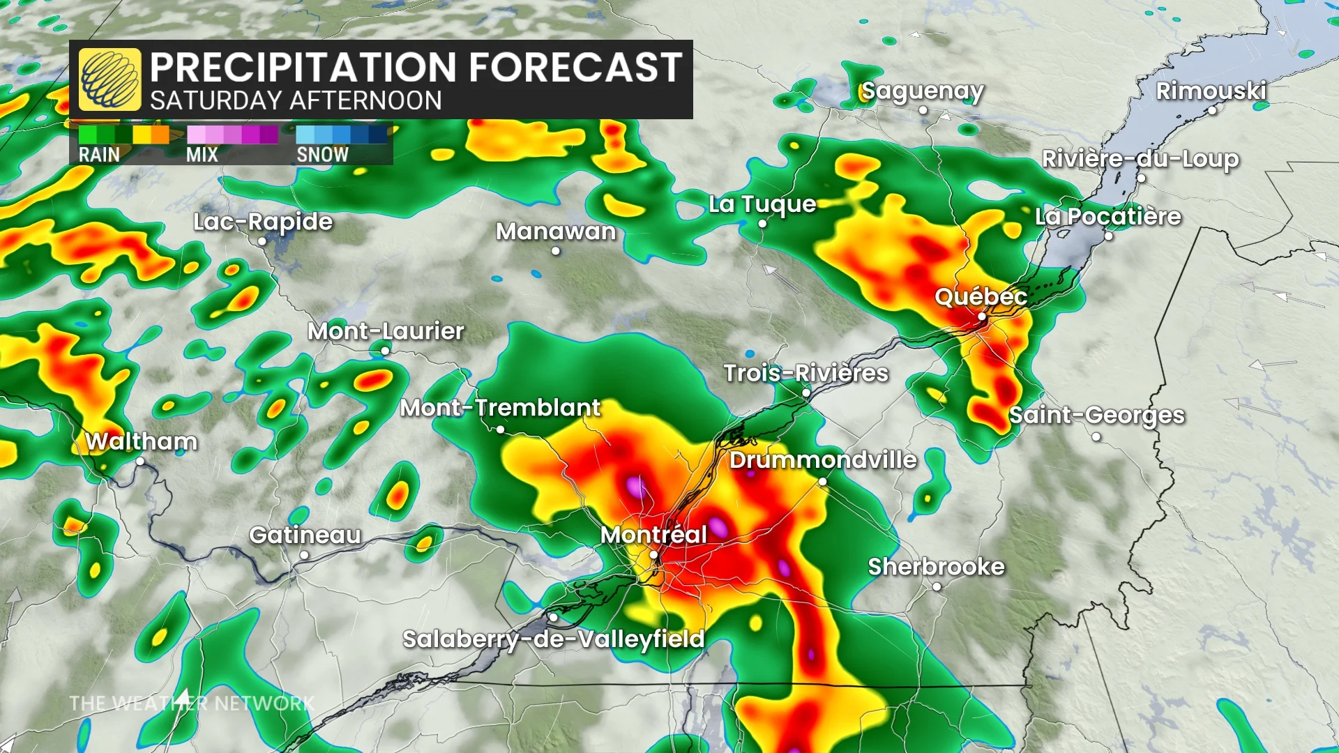 Southern Quebec rainfall timing Saturday afternoon