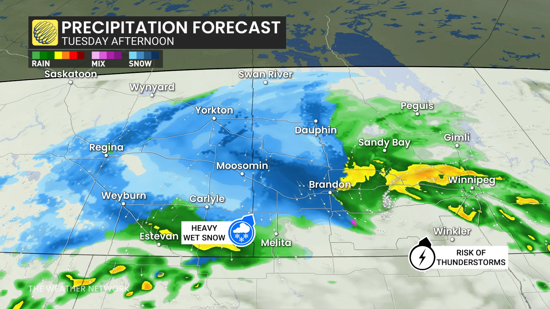 Saskatchewan and Manitoba Tuesday afternoon precipitation forecast timing