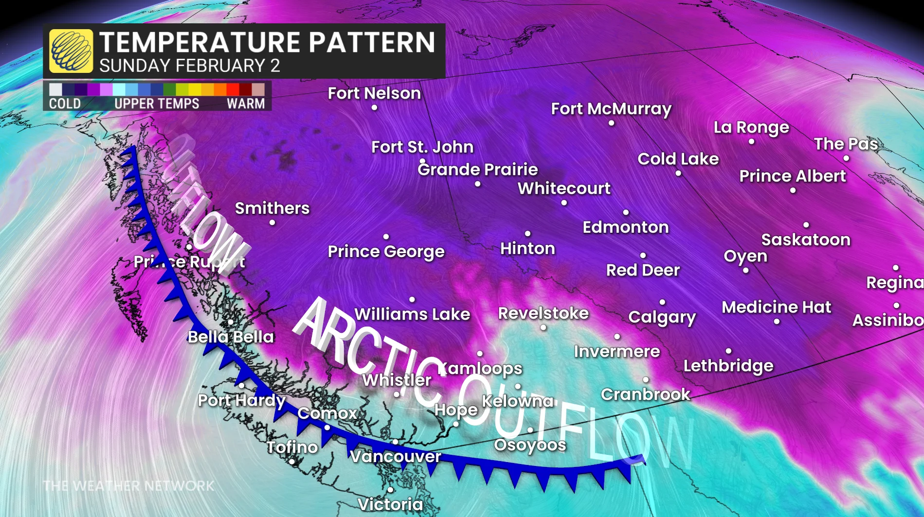 Temperature pattern B.C. and the Prairies Feb. 2