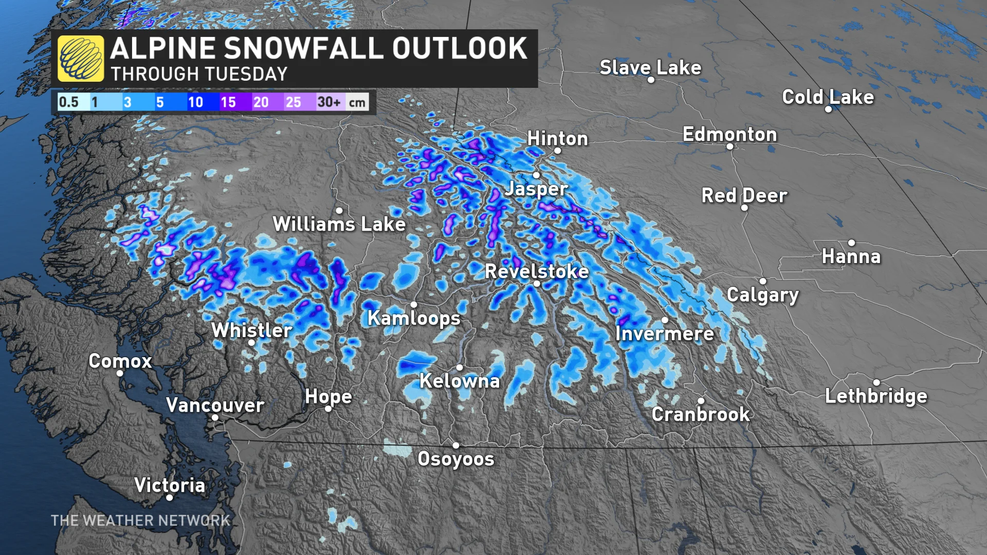 B.C. Alta. mountain Tuesday snowfall forecast  Aug. 26, 2024