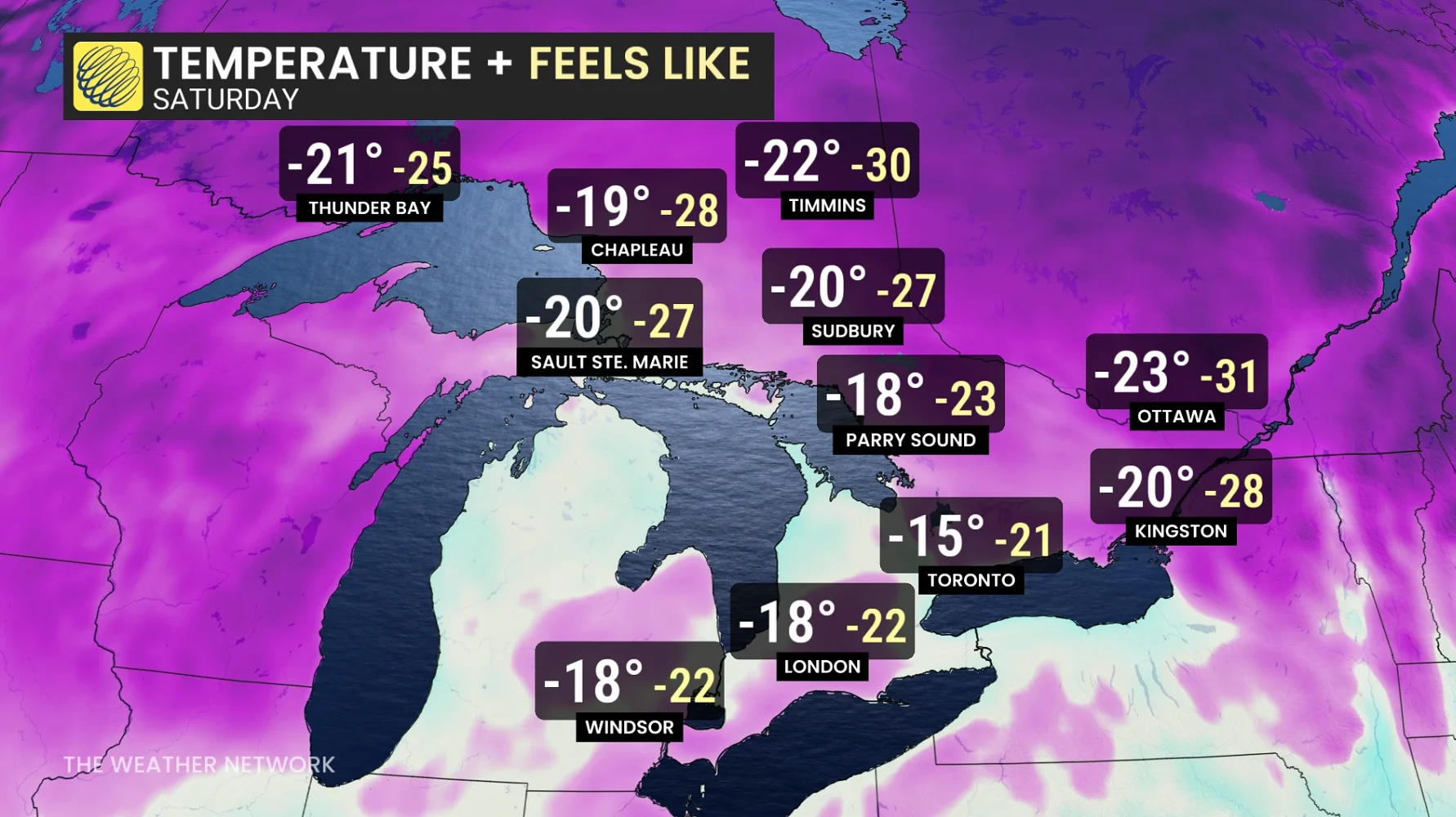 Ontario Saturday temperatures and feels-like values