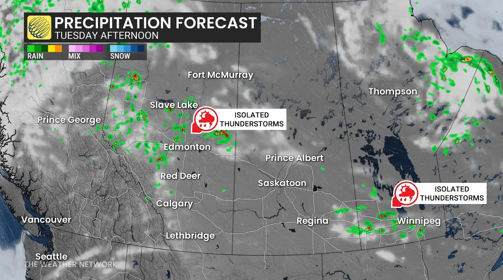 Prairies Tuesday afternoon forecast precipitation - July 1, 2025