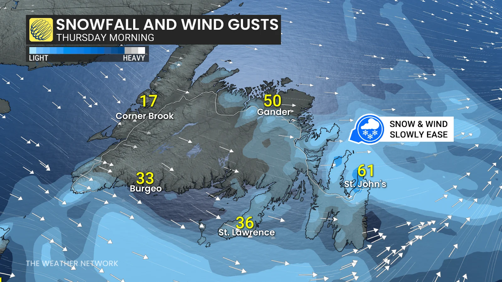 Snowfall and Wind Gust Thursday Morning Newfoundland