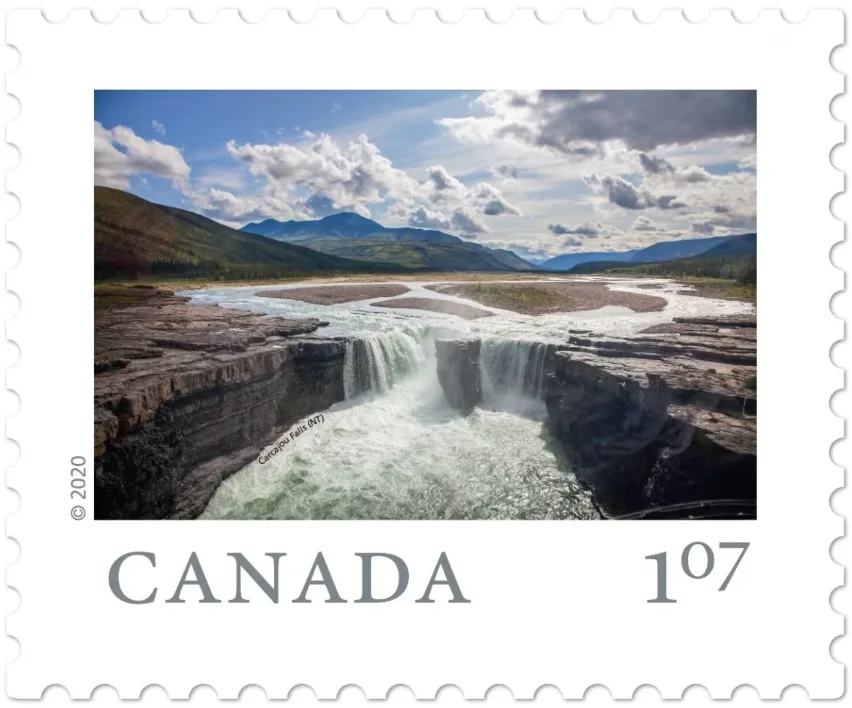 CBC: Carcajou Falls was featured on a 2020 Canada Post stamp, issued as part of series of stamps showcasing some of the country's 'must-see sites.' (Canada Post)