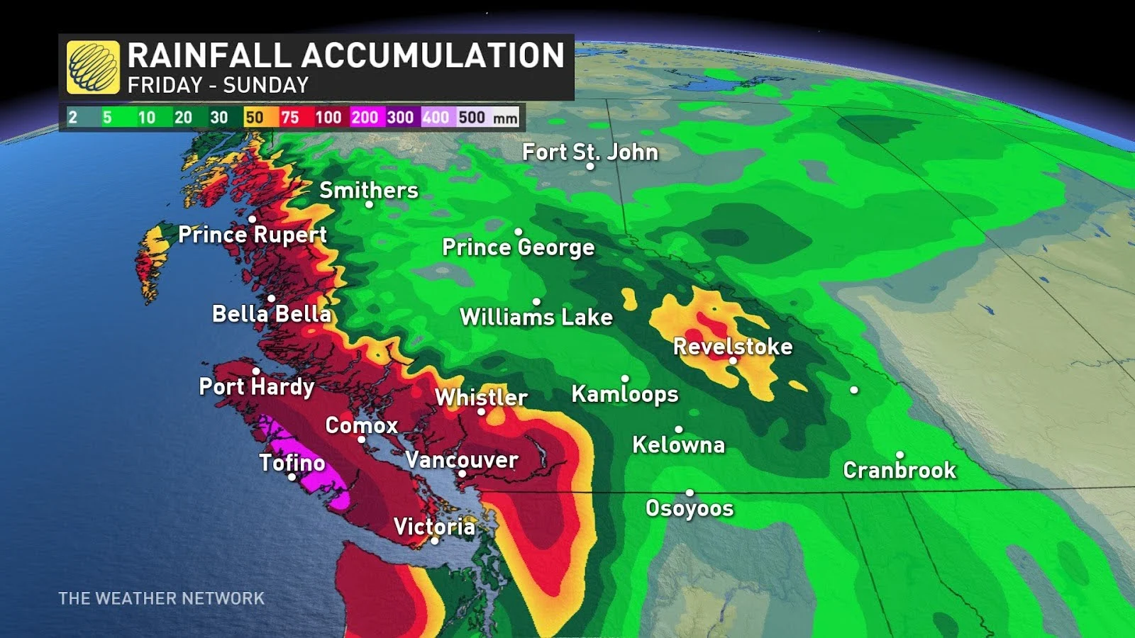 B.C. forecast weekend rainfall totals - Oct. 16, 2024