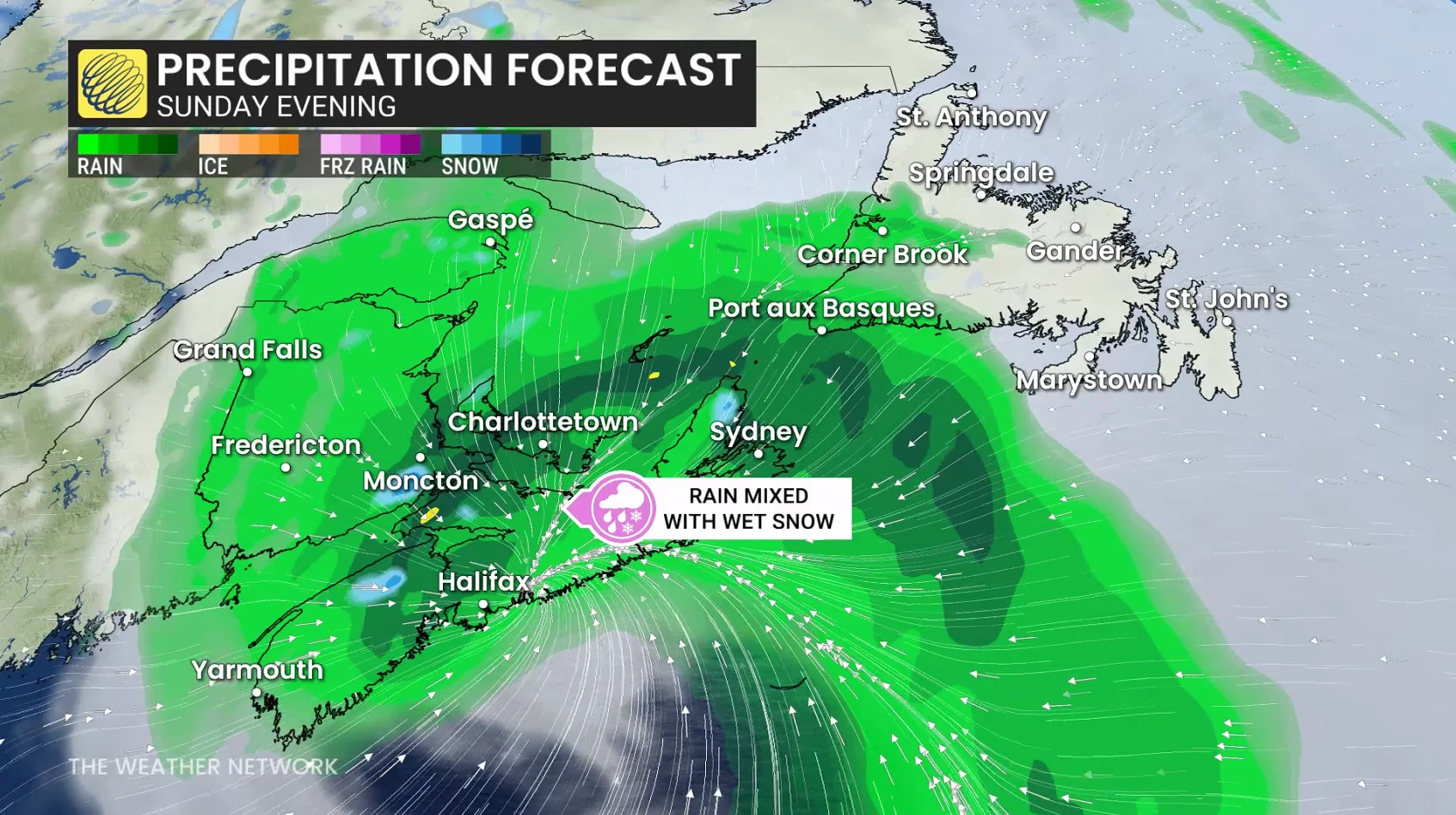Atlantic Canada Sunday evening nor'easter rain and snow - May 2, 2026