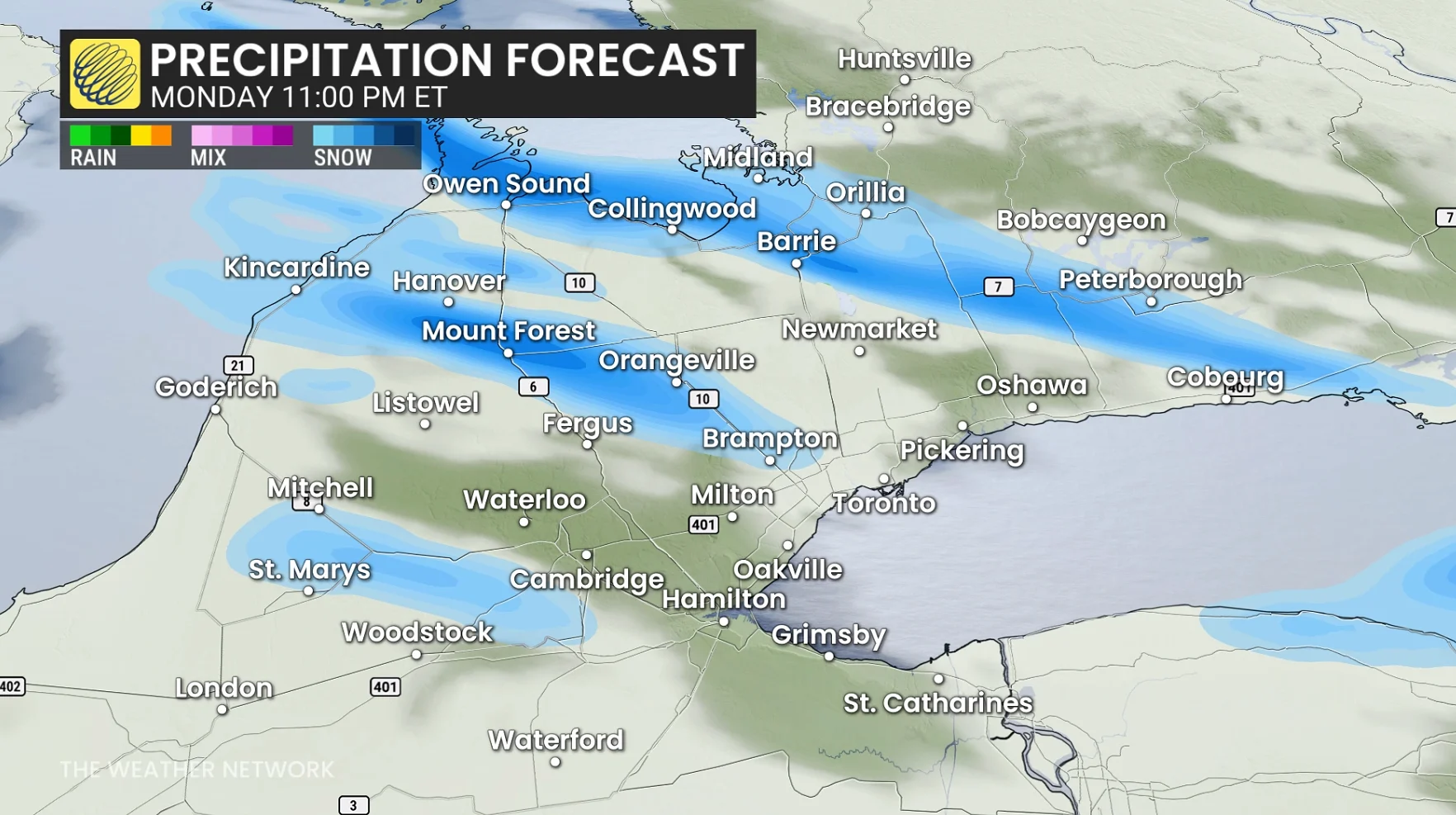 Ontario precipitation timing Monday overnight