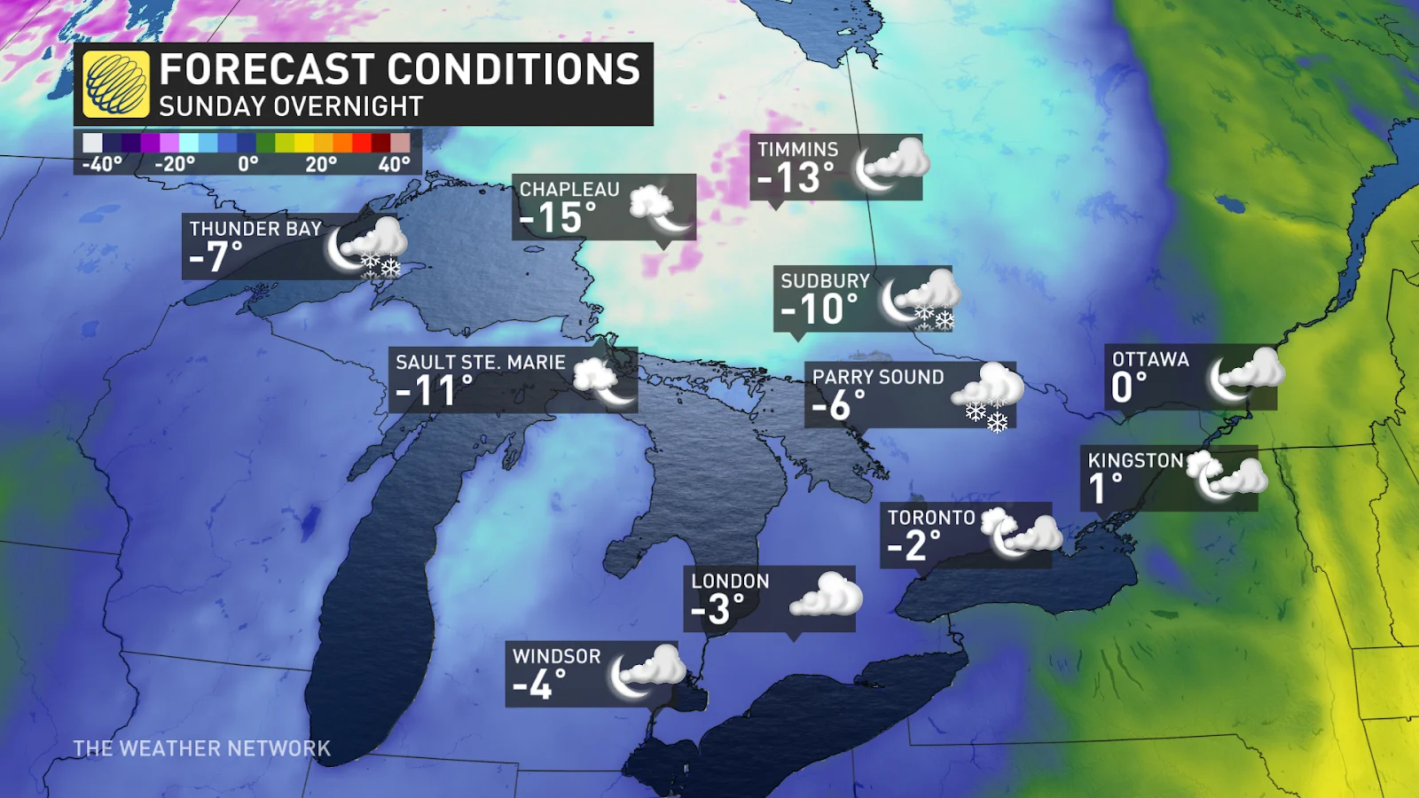 Ontario temperatures Sunday overnight