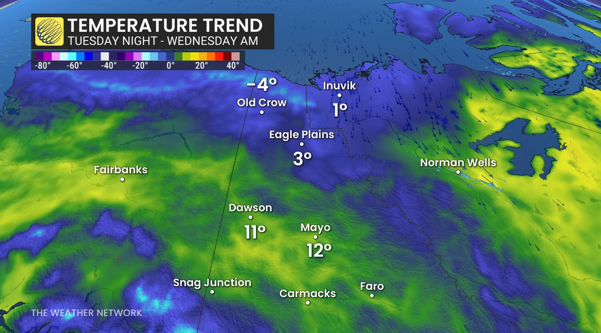 Yukon Territory temperature trend through Wednesday morning