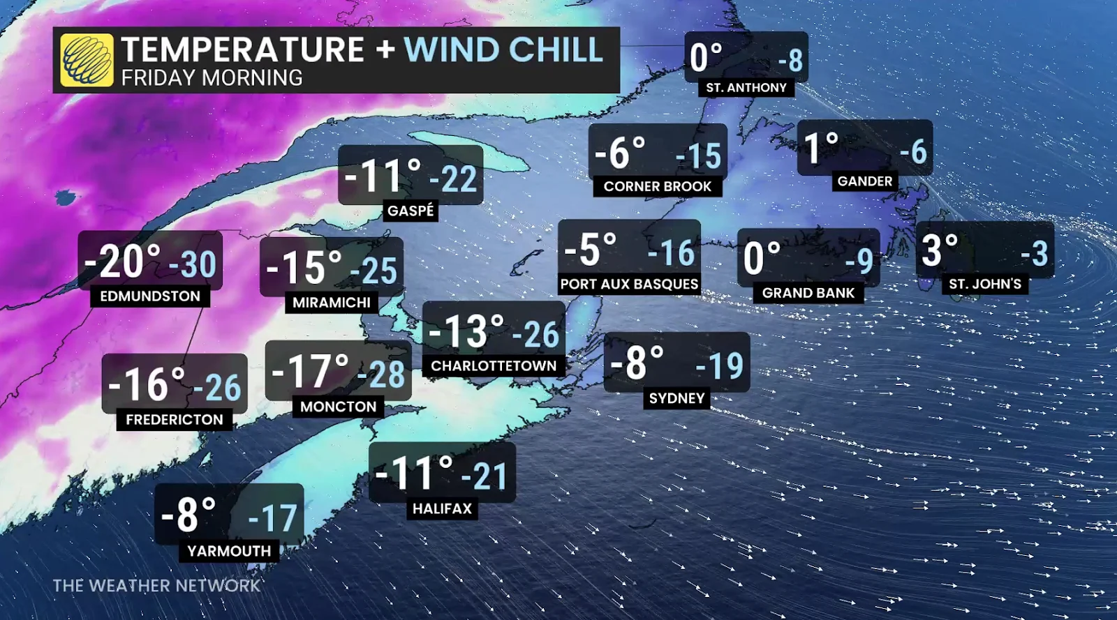 Atlantic Canada temperature Friday morning