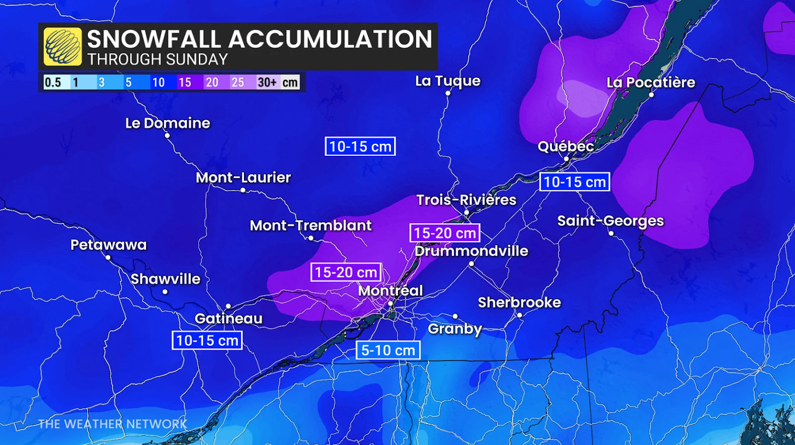 Quebec snowfall outlook through Sunday