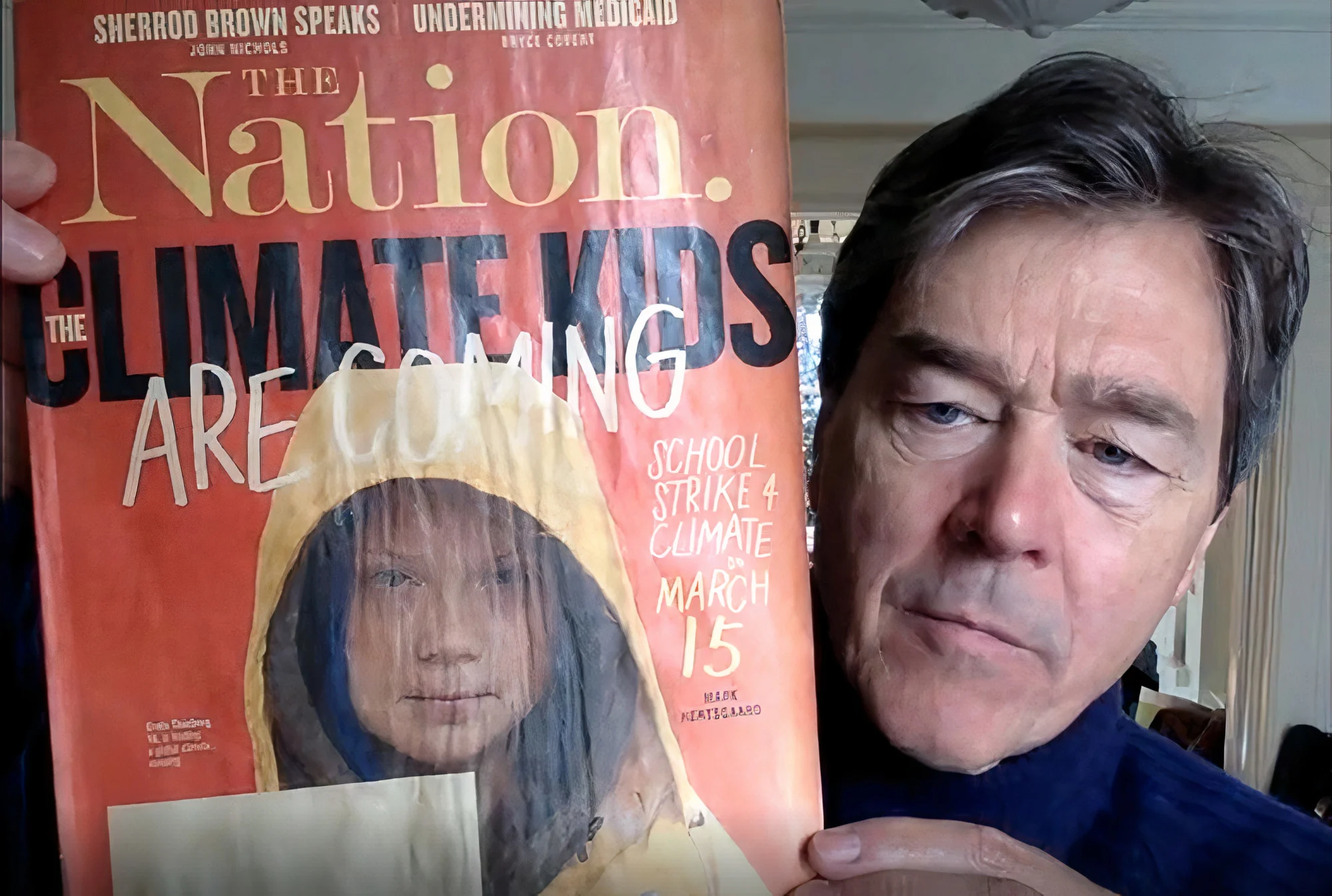 Mark Hertsgaard with magazine of Greta Thunberg (Rachel Maclean)