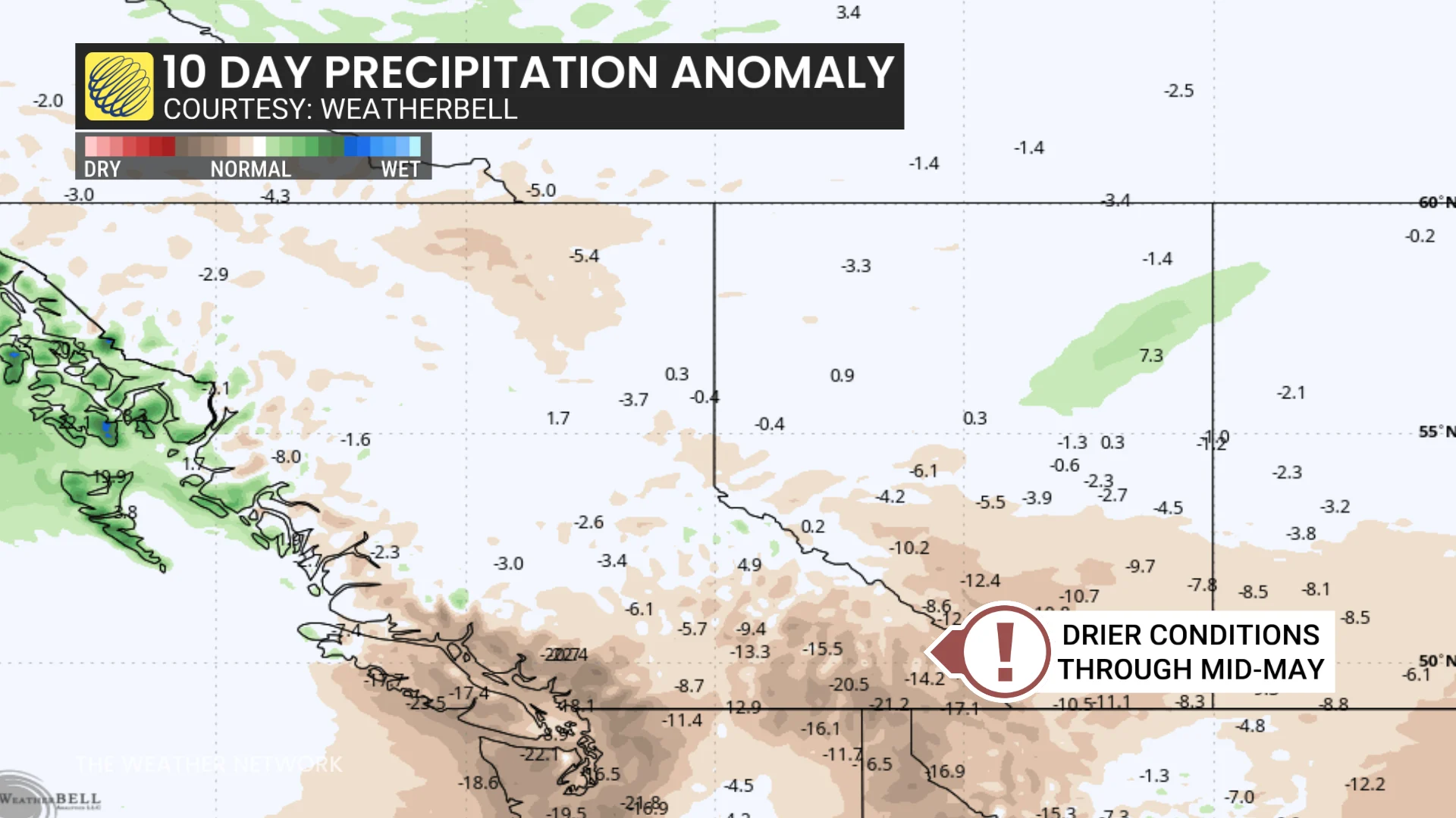 Ten-day precipitation anomaly B.C. and Alberta