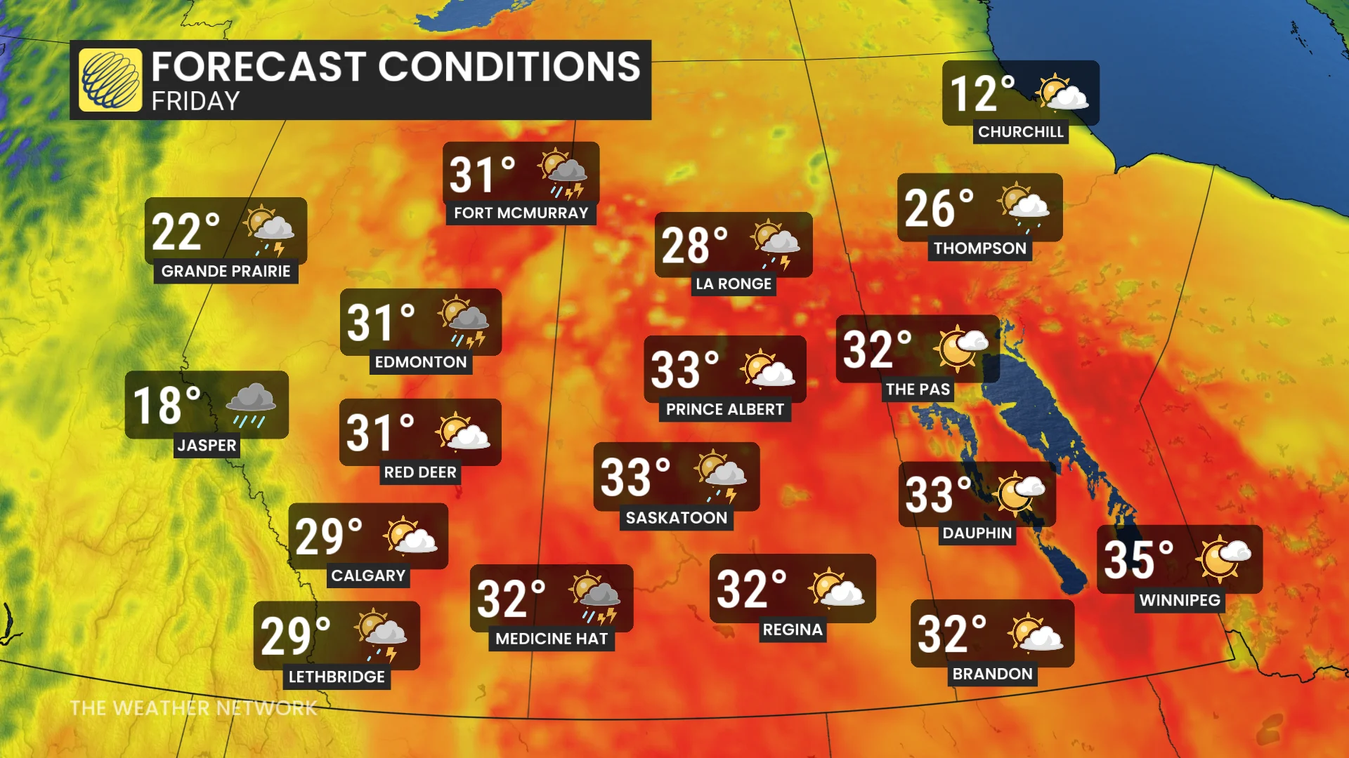 Prairies Friday afternoon forecast temperatures and conditions - May 27, 2026