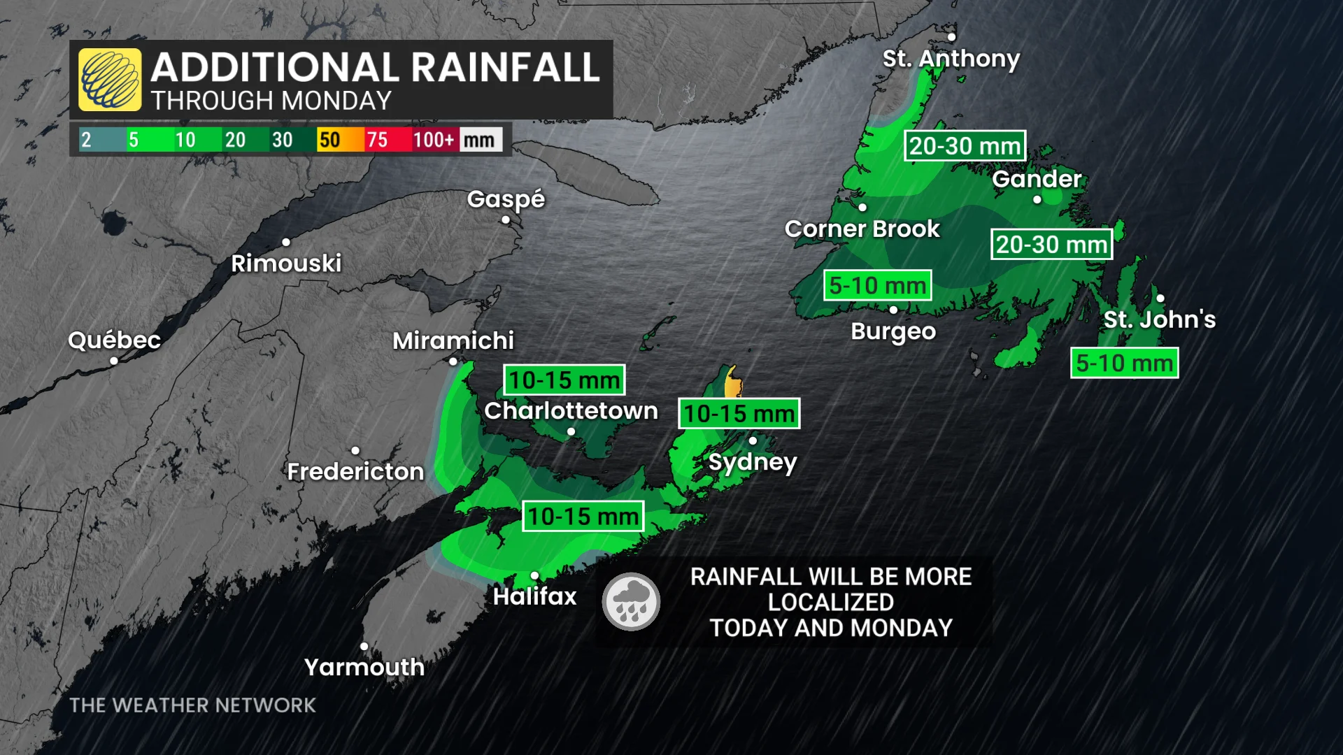 Additional rainfall Atlantic Canada through Monday