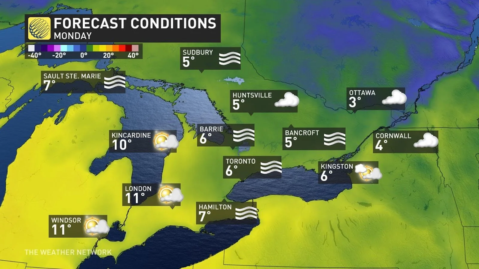 Southern Ontario temps Monday