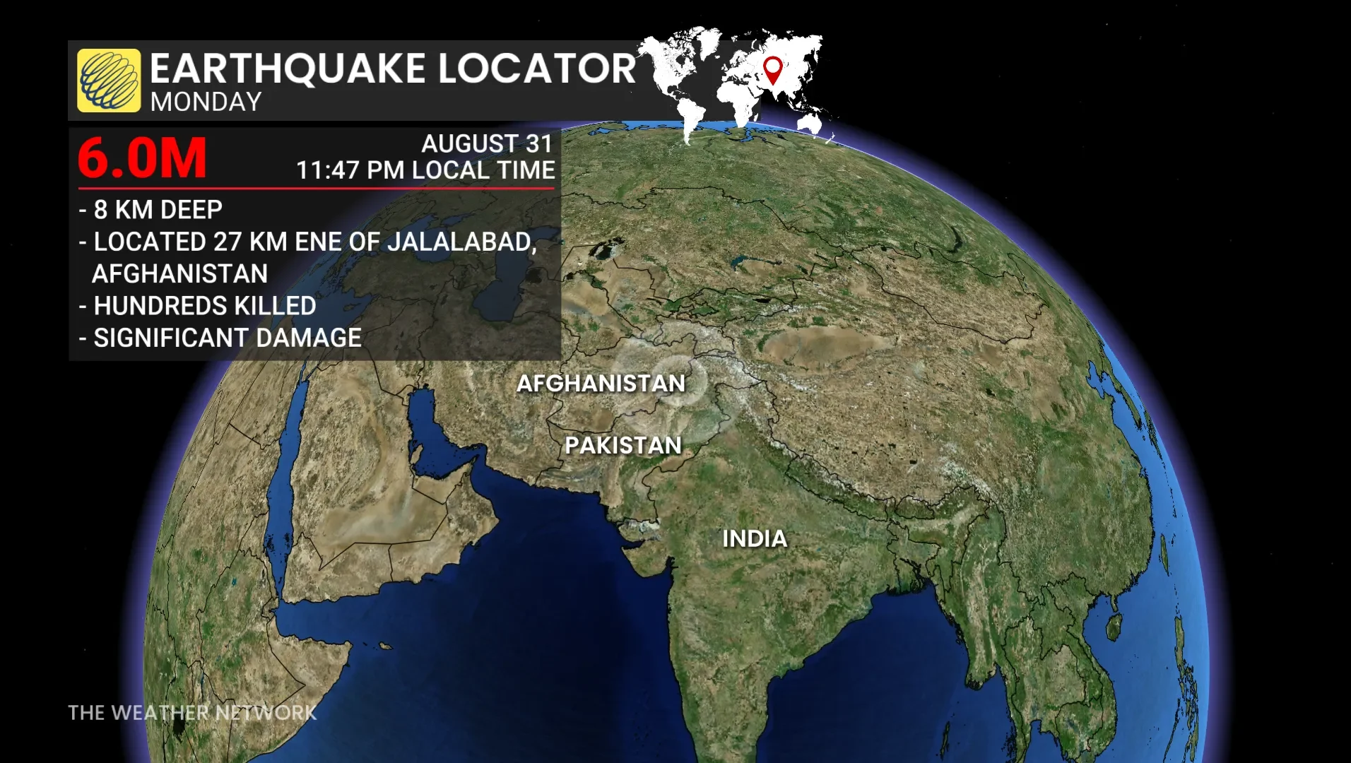 Earthquake. Afghanistan, Disaster, 6.0, September 1, 2025 (The Weather Network)