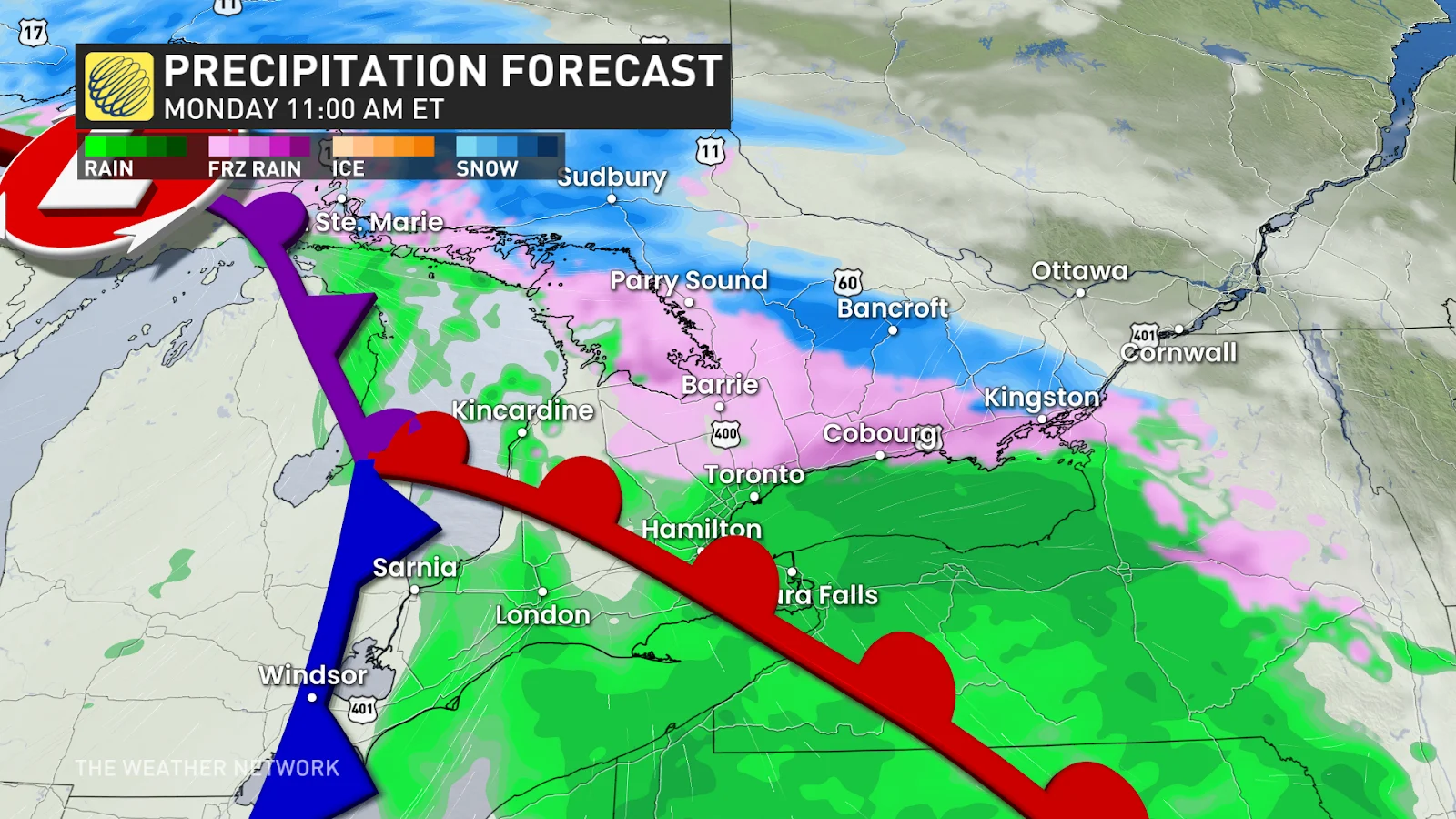 Ontario Monday morning precipitation forecast, rain, snow, freezing rain - Dec. 9, 2024