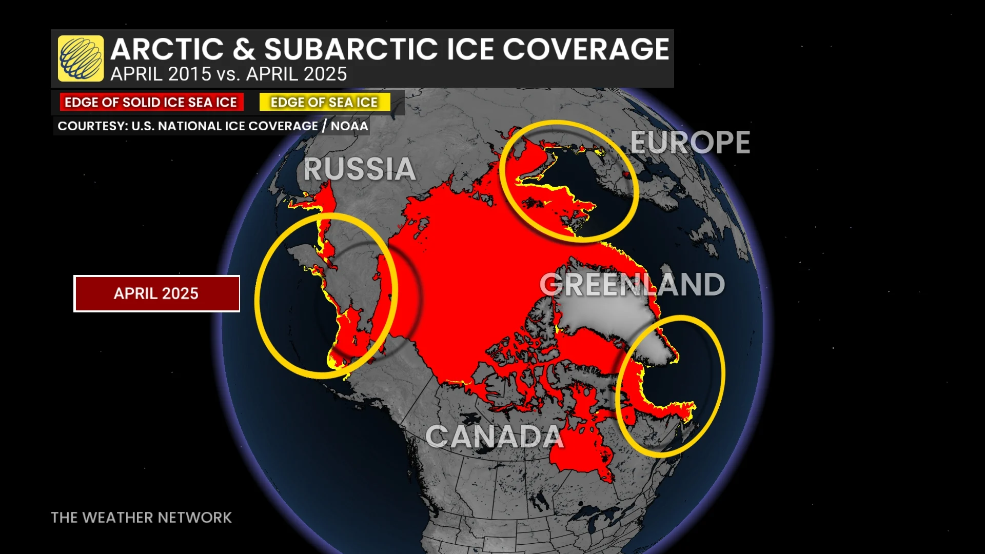 Arctic and subarctic ice coverage 2015 versus 2025