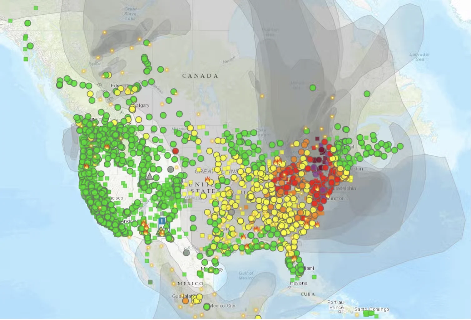 AirNow.gov: Smoke from wildfires in Canada was detected across a large part of the U.S. on June 7, 2023. Dark purple dots indicate hazardous air quality. Light purple indicates very unhealthy air; red is unhealthy; orange is unhealthy for sensitive groups; and yellow indicates moderate risk. AirNow.gov