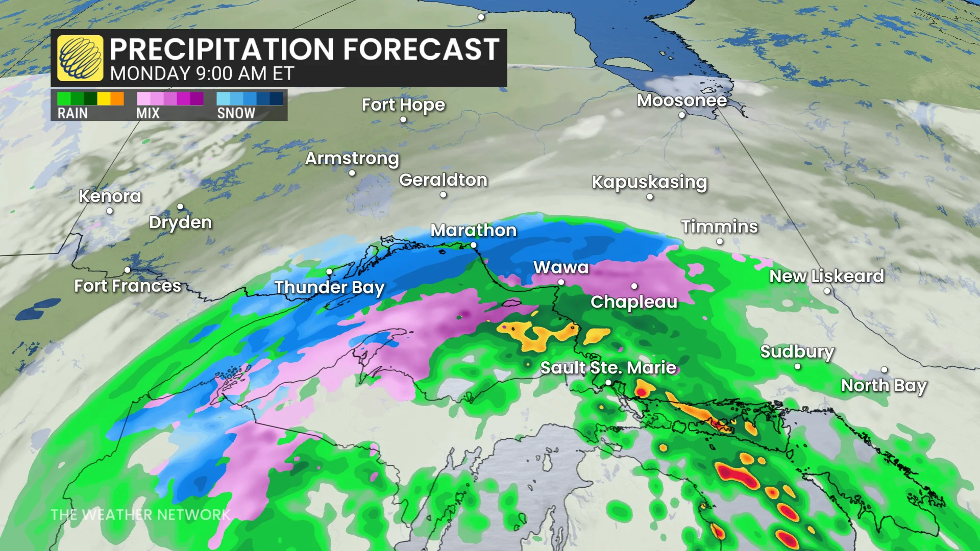 Northern Ontario precipitation timing Monday 9 a.m.