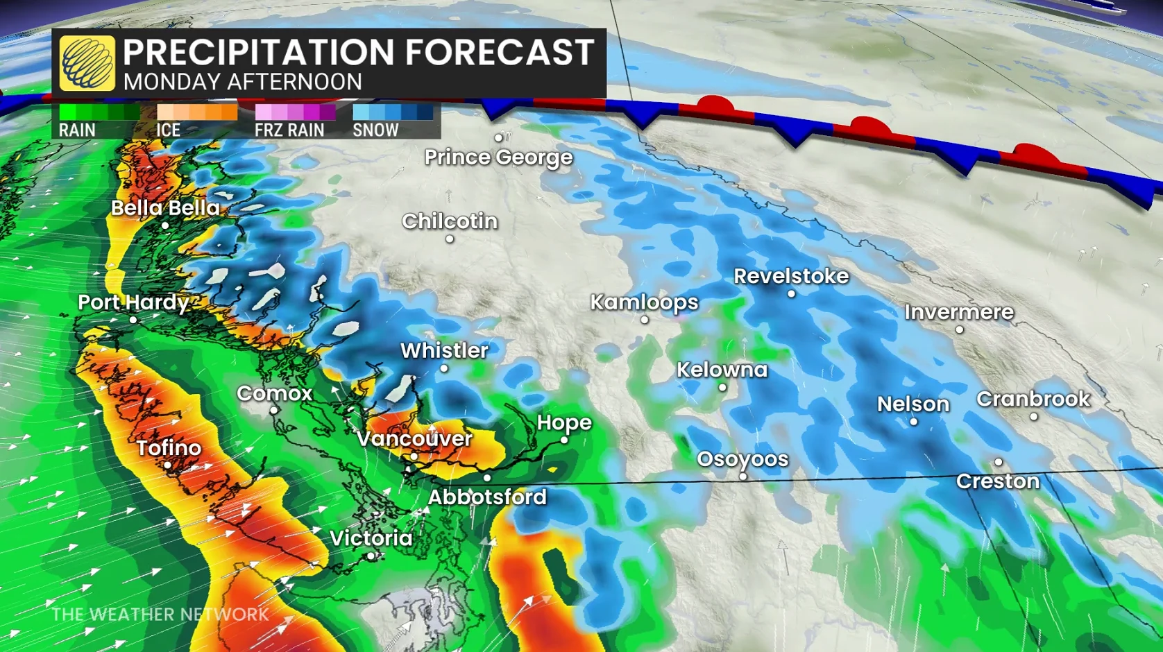 B.C. precipitation timing Monday
