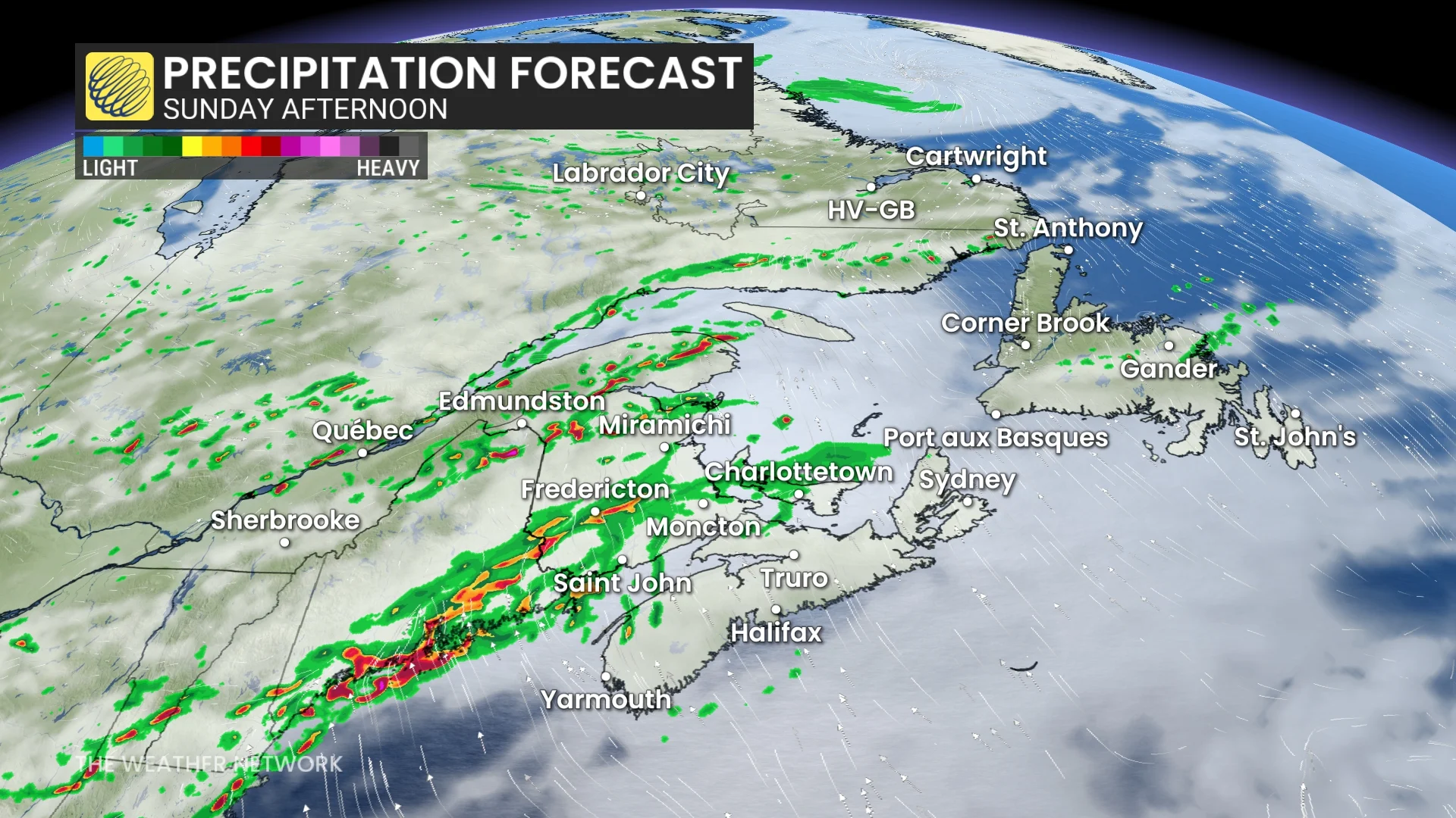 Atlantic Canada precipitation forecast Sunday afternoon