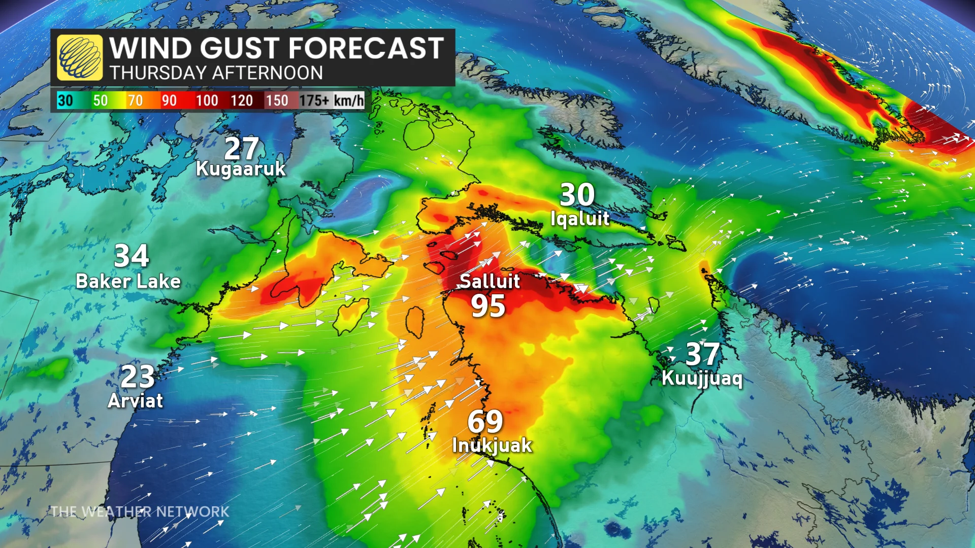 Northern Canada wind gust forecast Thursday