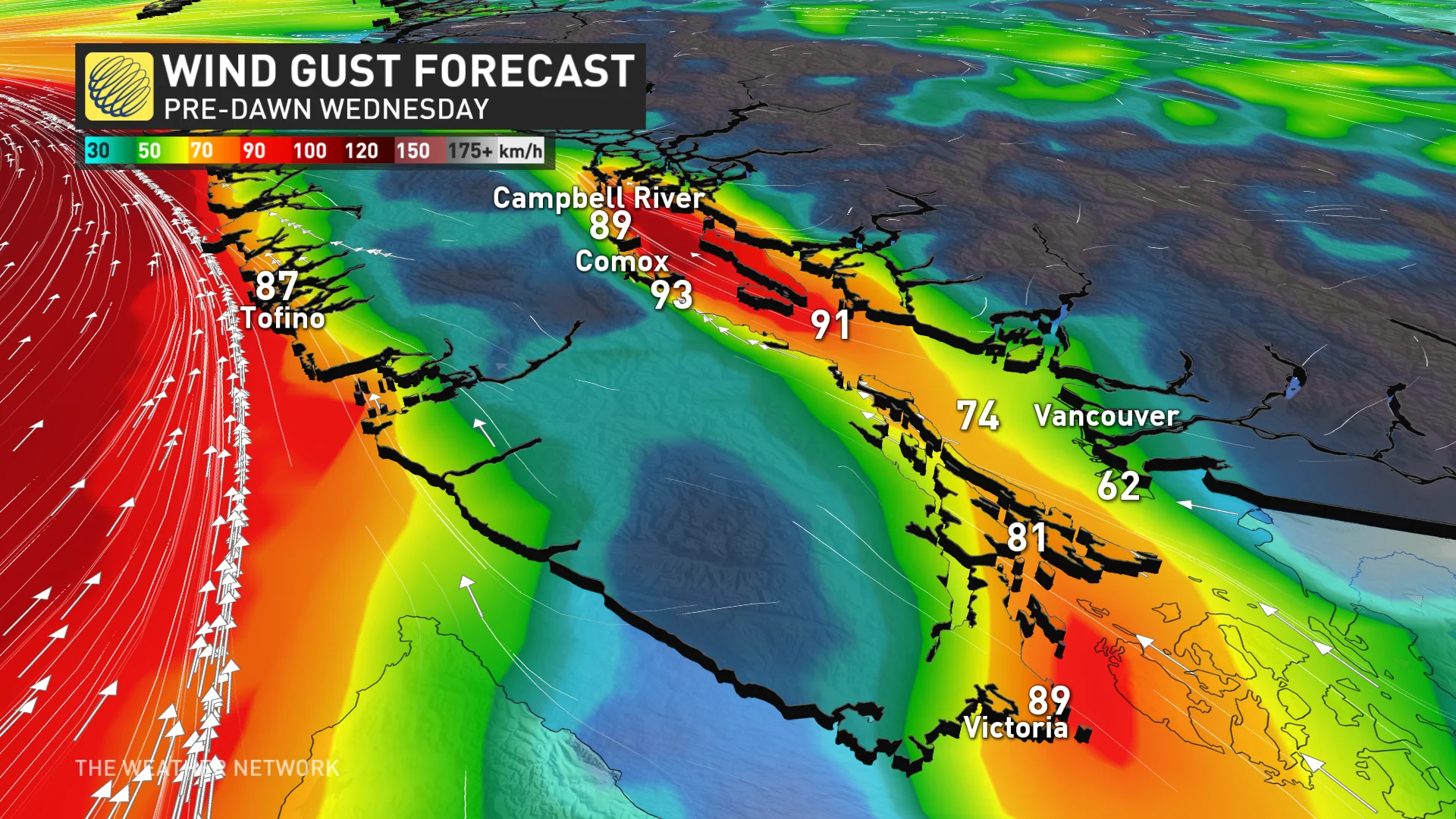 B.C. wind gust forecast Wednesday AM