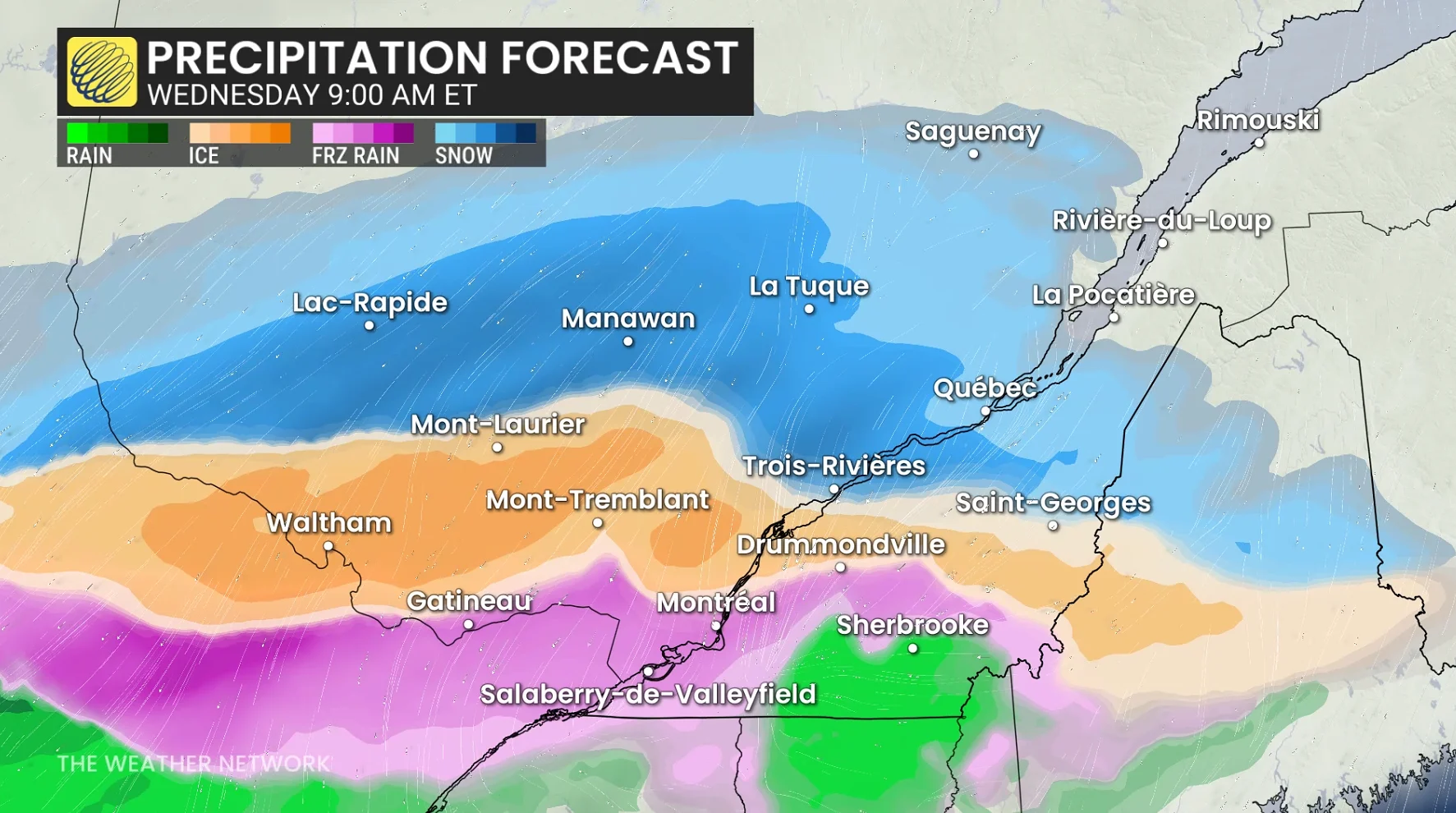 Quebec precipitation timing Wednesday morning