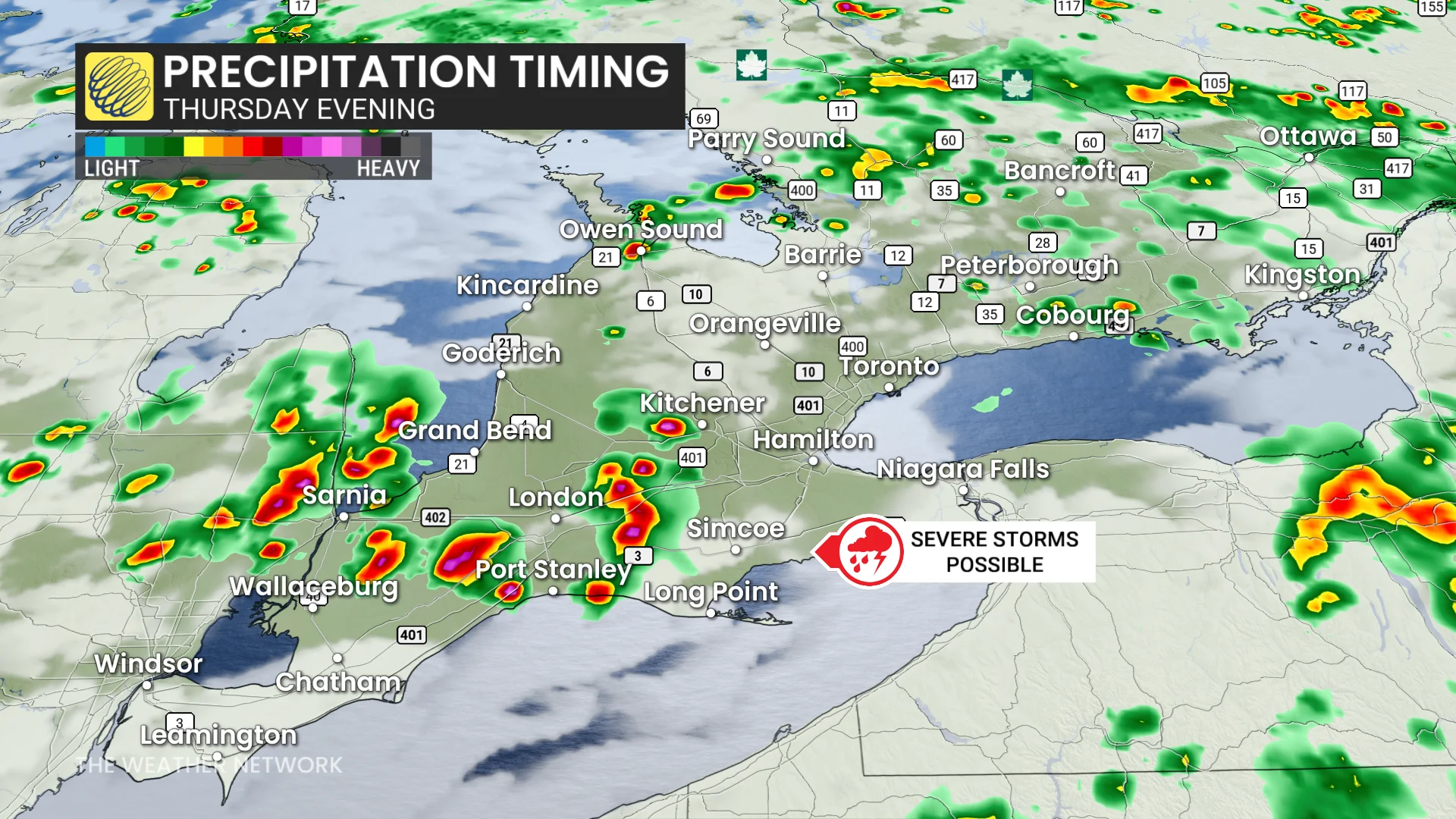 Ontario precipitation timing Thursday evening