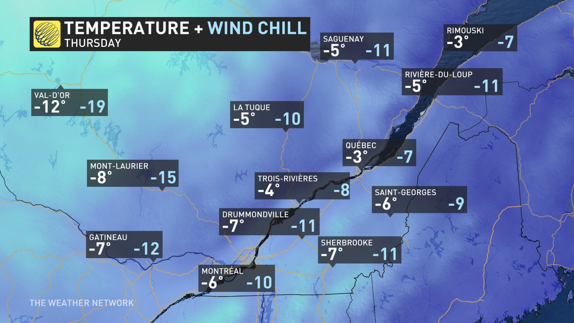 Quebec temperatures and wind chill Thursday