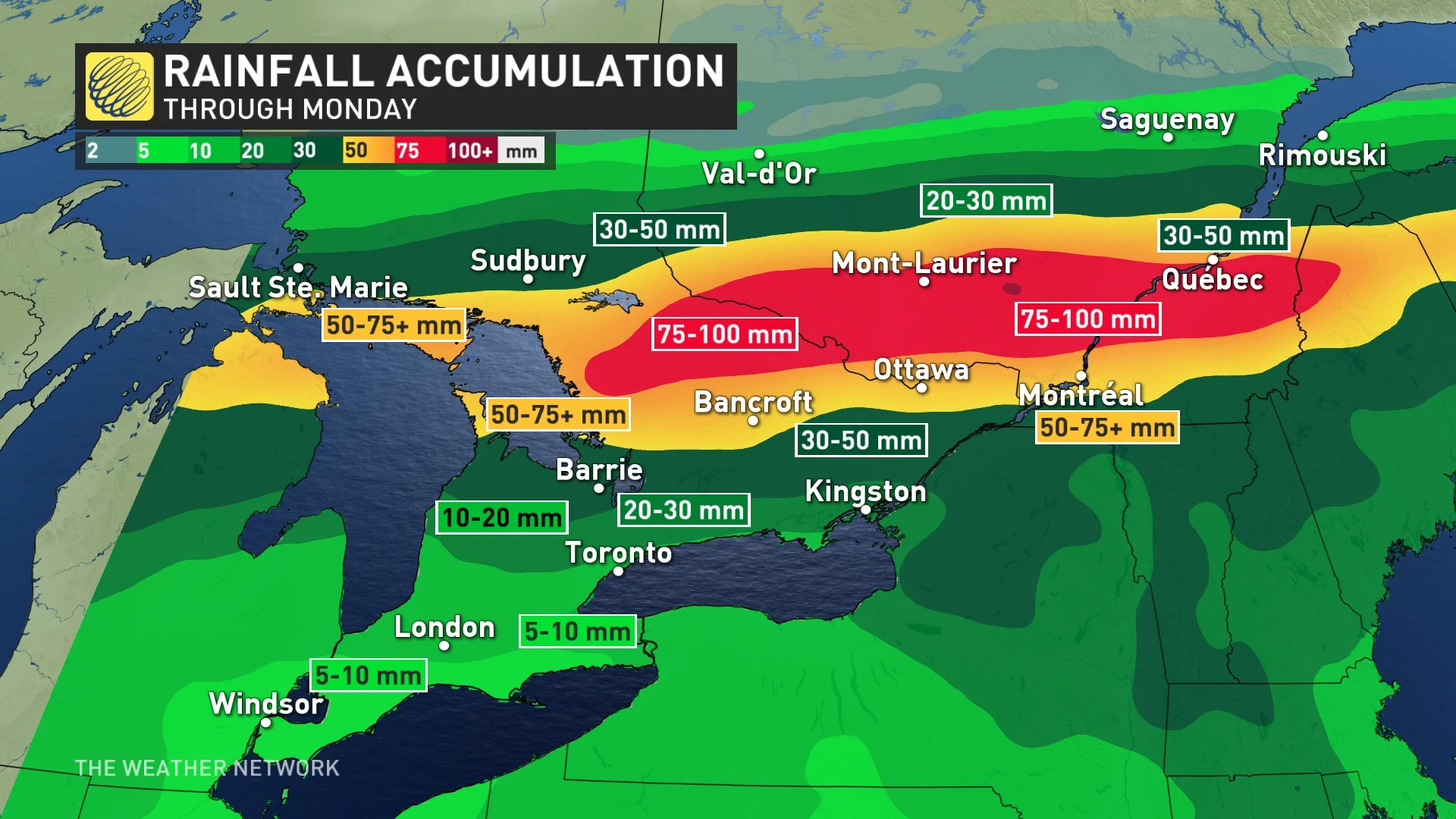 Ontario and Quebec rainfall map through Monday_June 23