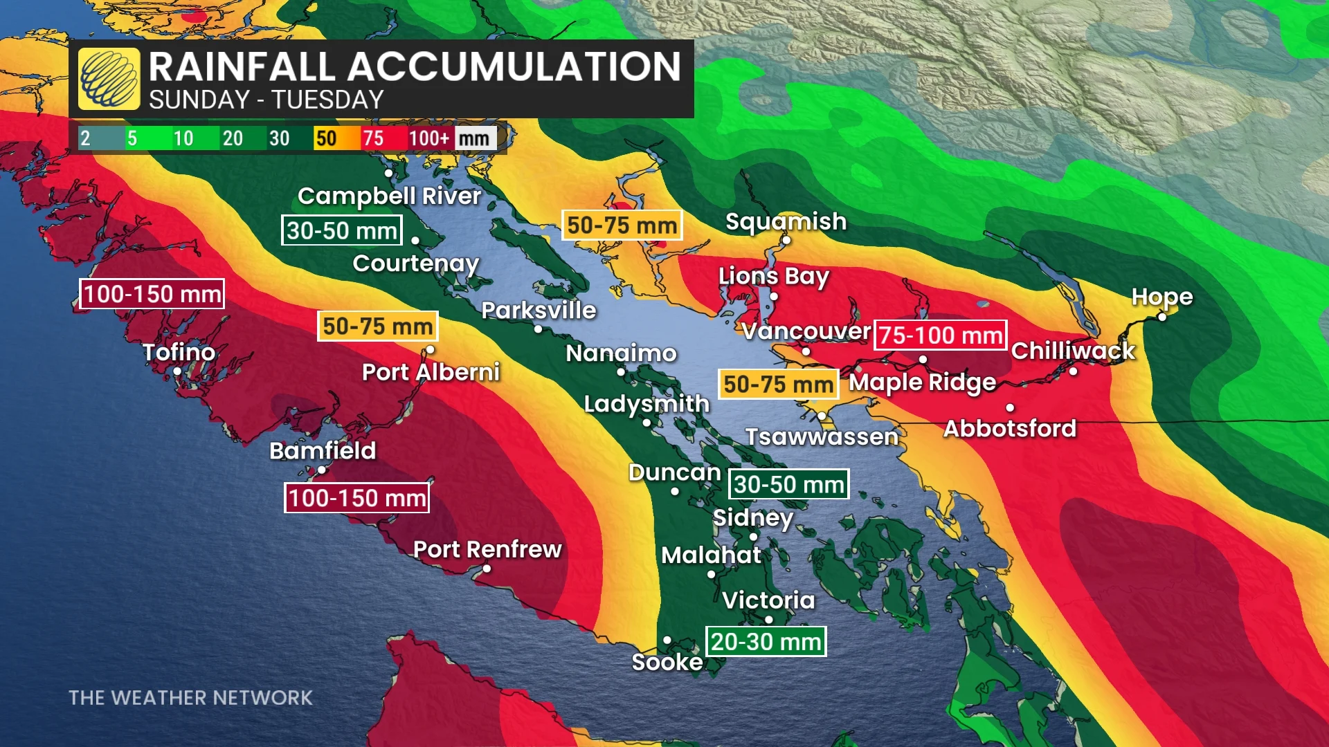 B.C. rainfall accumulation Sunday to Tuesday