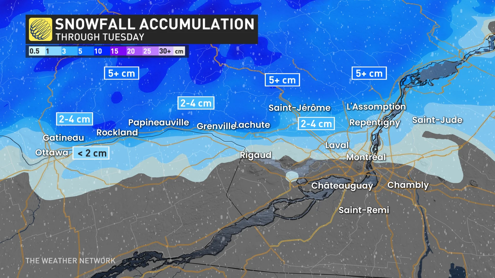 Quebec snowfall through Tuesday