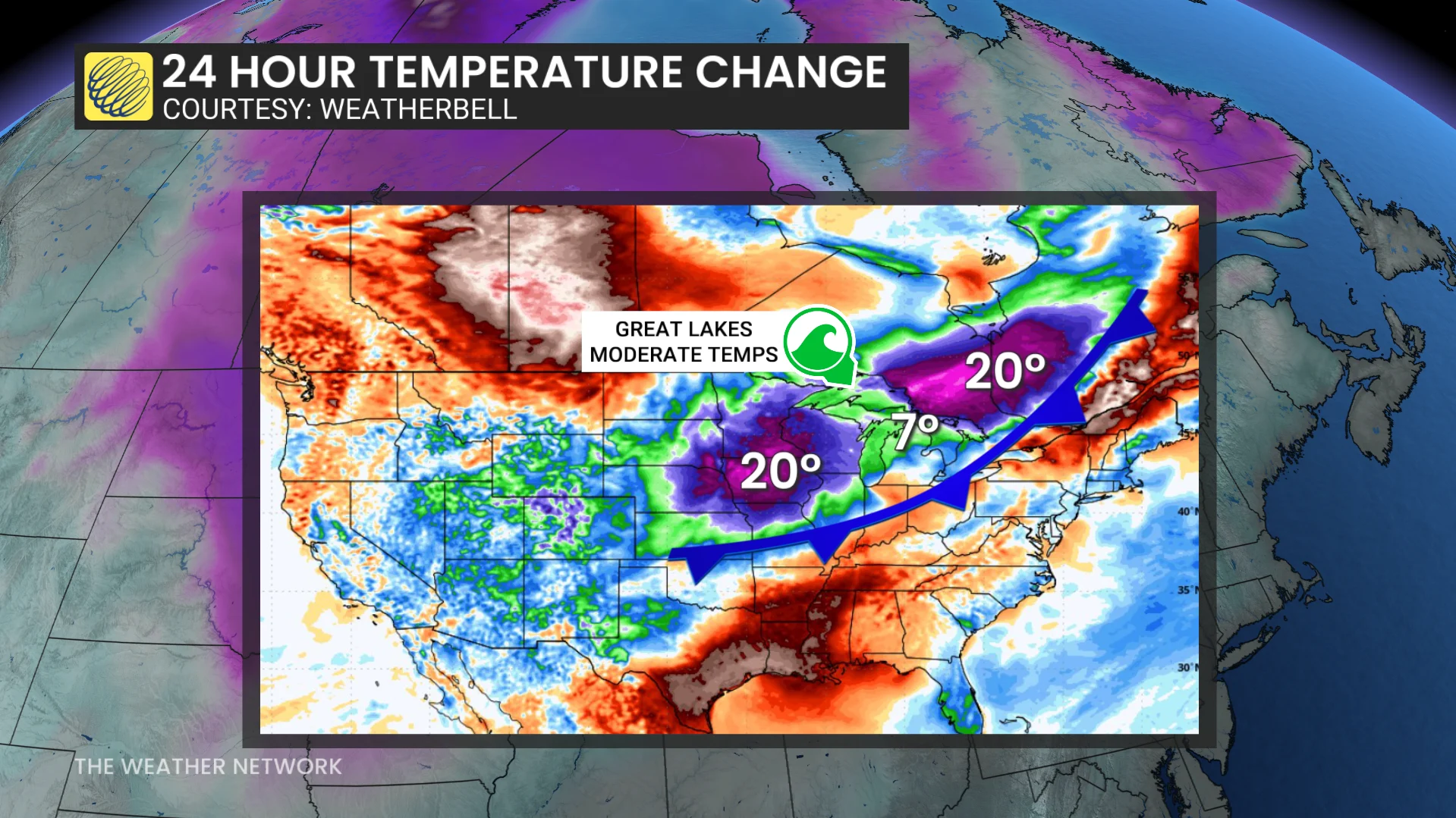 24-hour temperature change North America