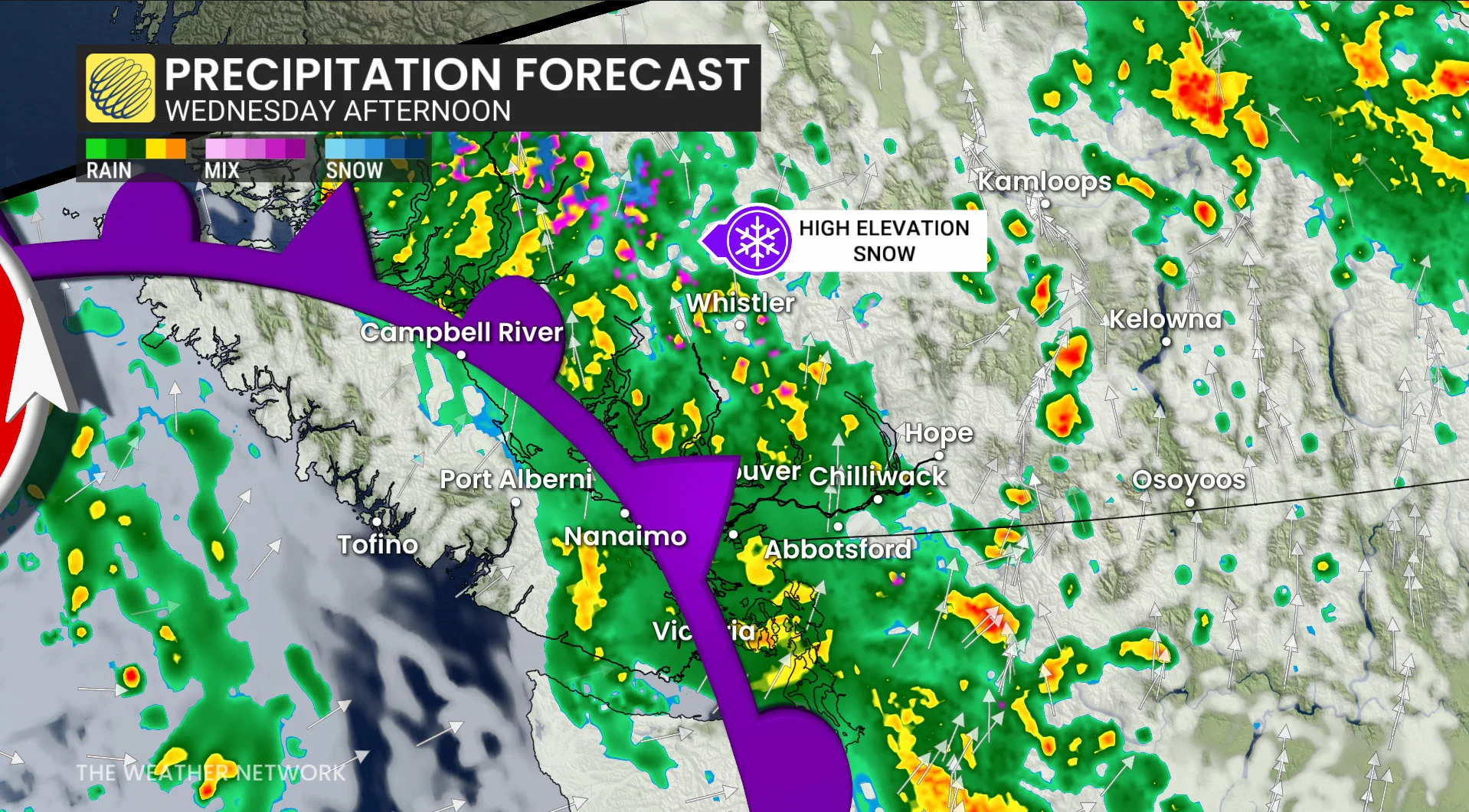 B.C. precipitation timing Wednesday afternoon