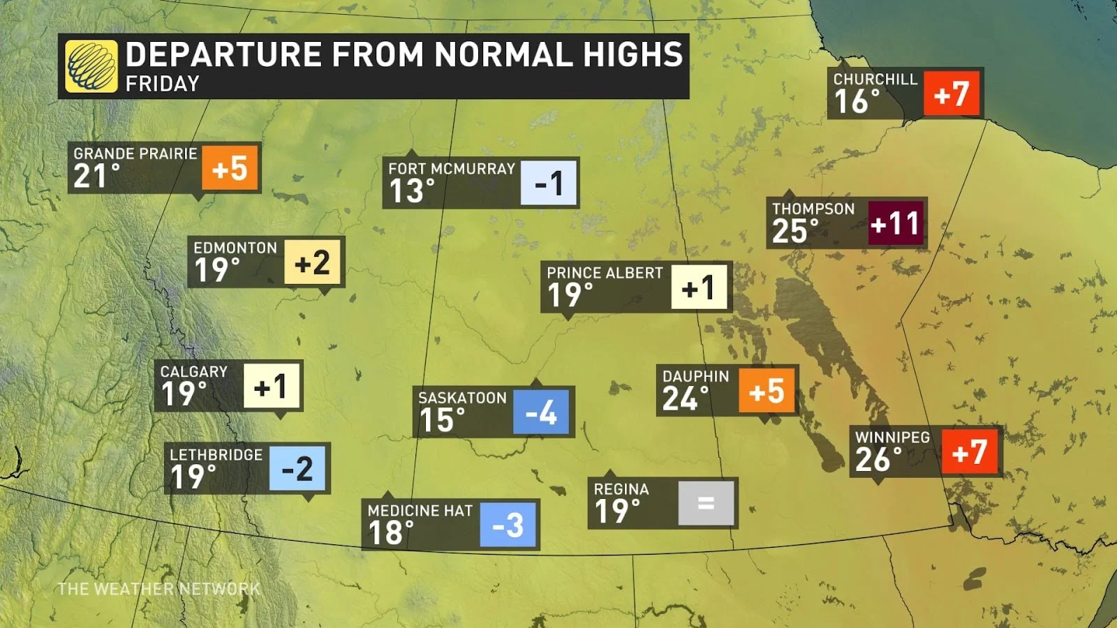 prairies departure from normal highs friday