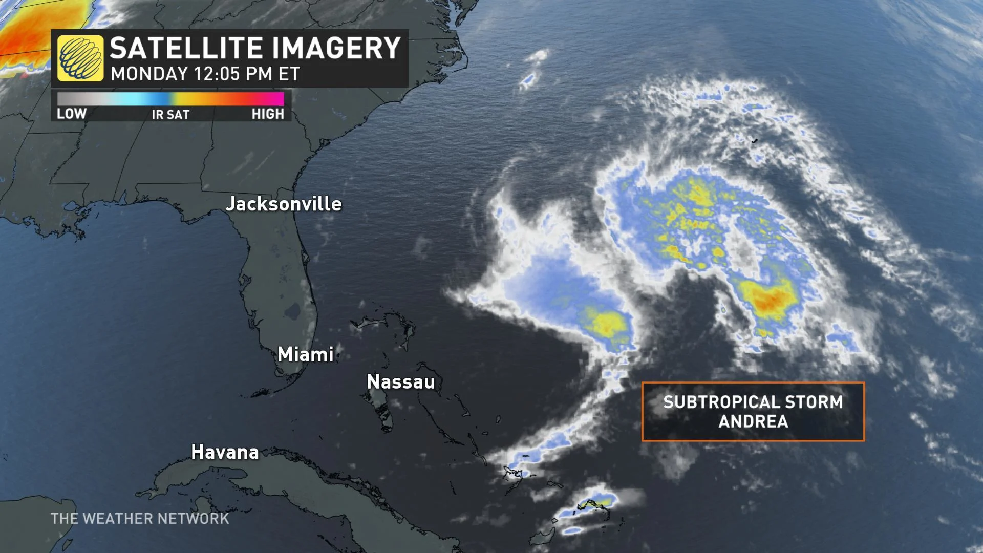 Andrea, 2019's first Atlantic storm, now post-tropical