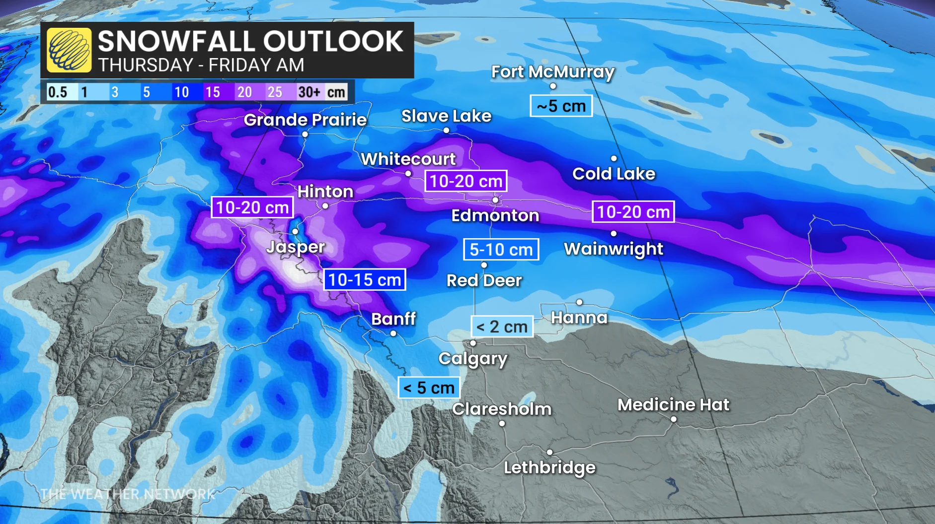 Alberta-Saskatchewan snowfall outlook Thursday to Friday morning