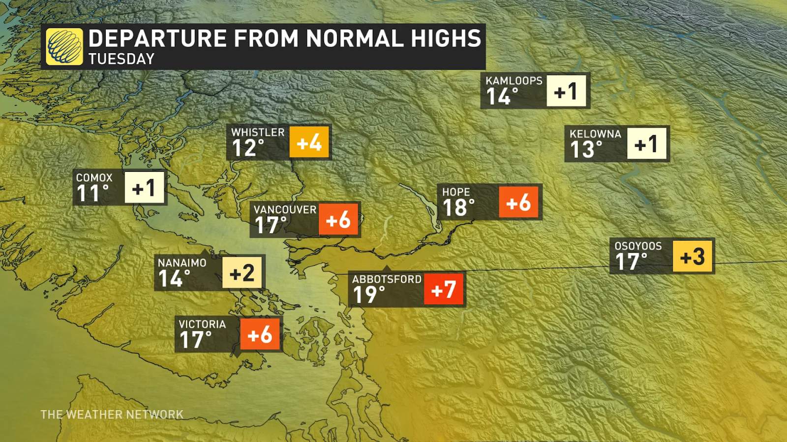 B.C. Lower Mainland Tuesday forecast high temperatures and departures from normal - March 21, 2025