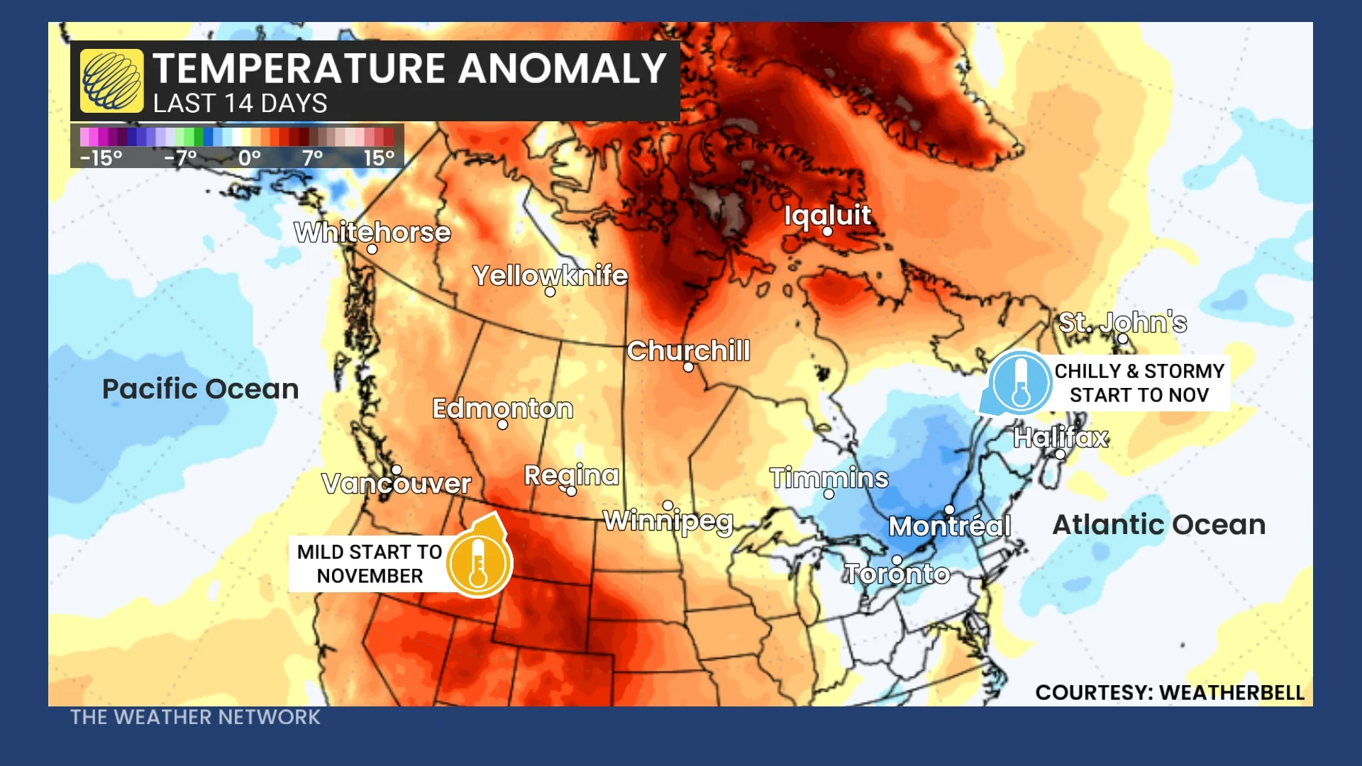 Canada temperature anomaly last 14 days