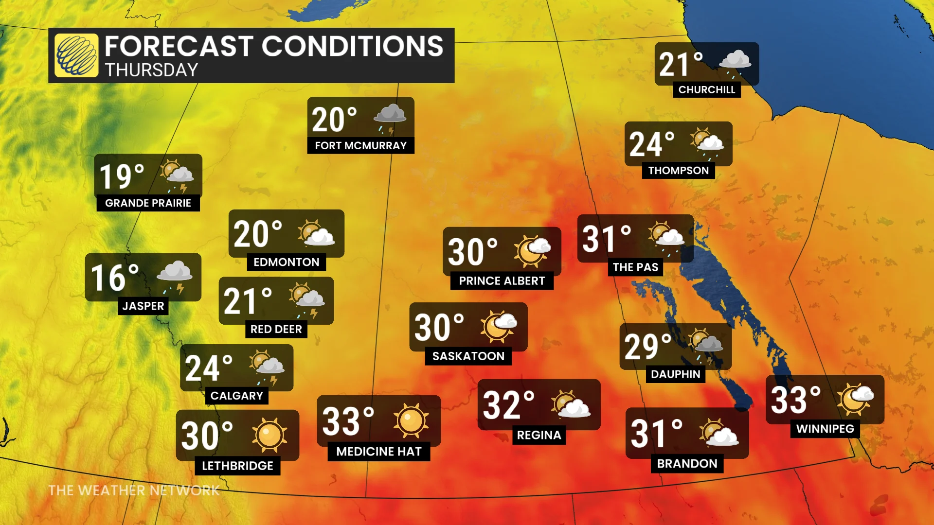 Prairies temperatures and icons Thursday
