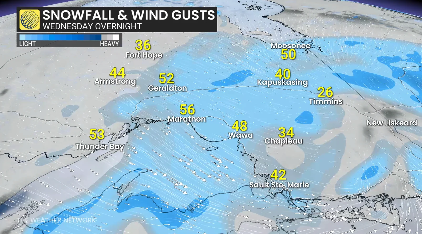 Snow and wind gusts northern Ontario Wednesday overnight