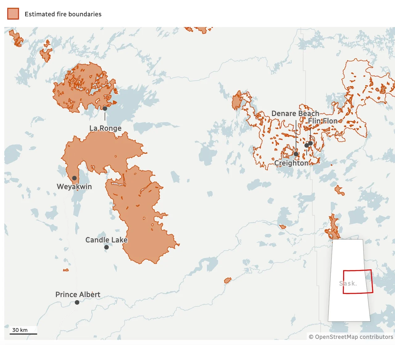 Estimated wildfire boundaries/Canadian Wildland Fire Information System (Graeme Bruce/CBC)